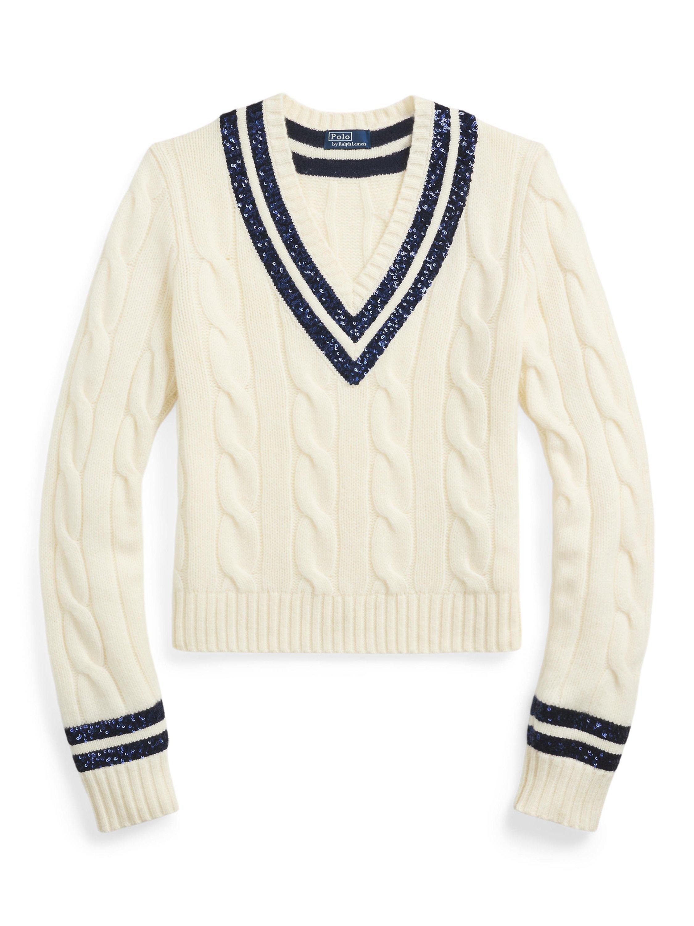Product image 6 of 6, which shows Polo Ralph Lauren Sequin Cricket Wool Rich Jumper, Cream/Navy, S