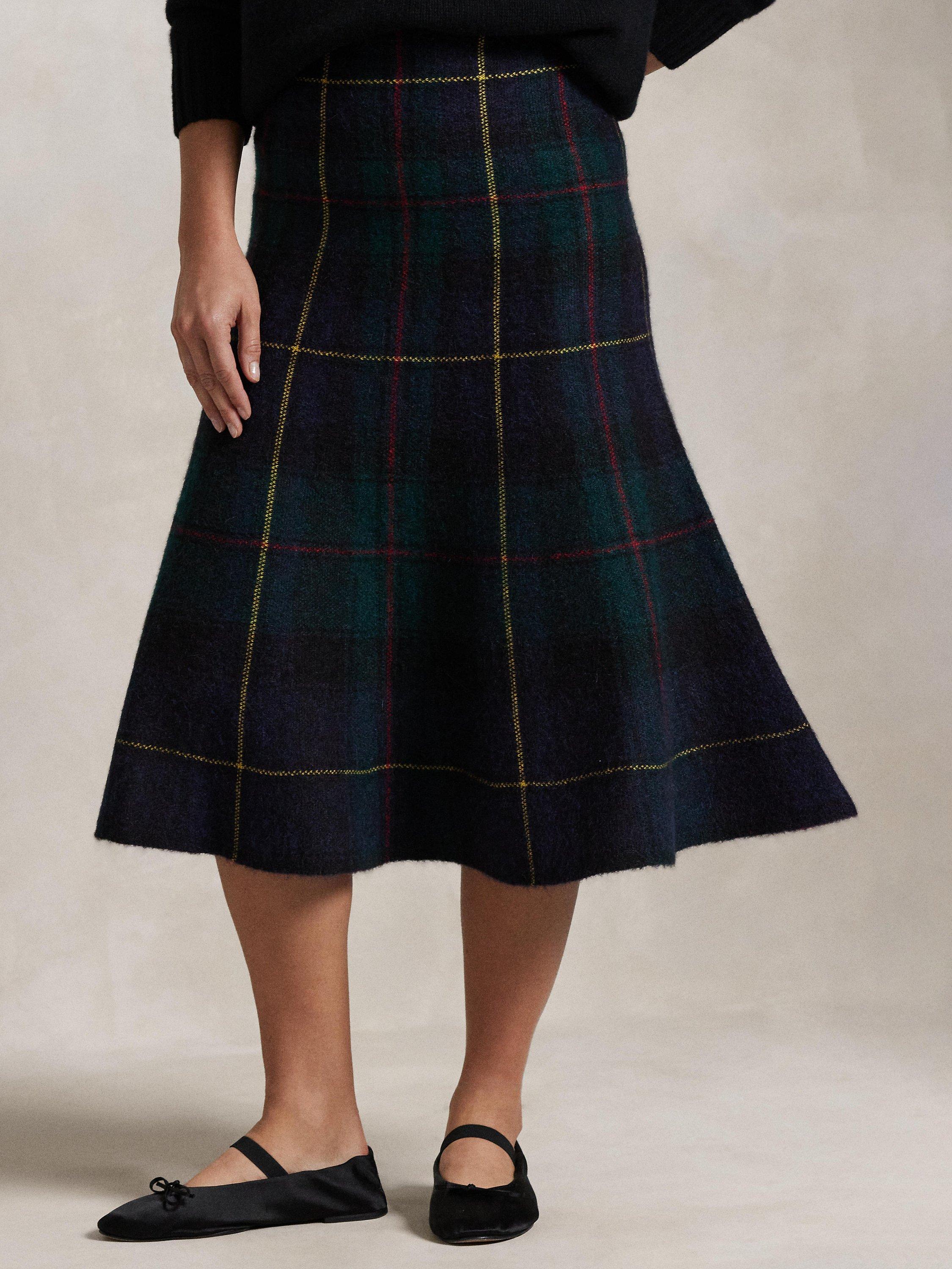 Polo Ralph Lauren Wool Alpaca Blend Falred Tartan Midi Skirt, Navy/Multi