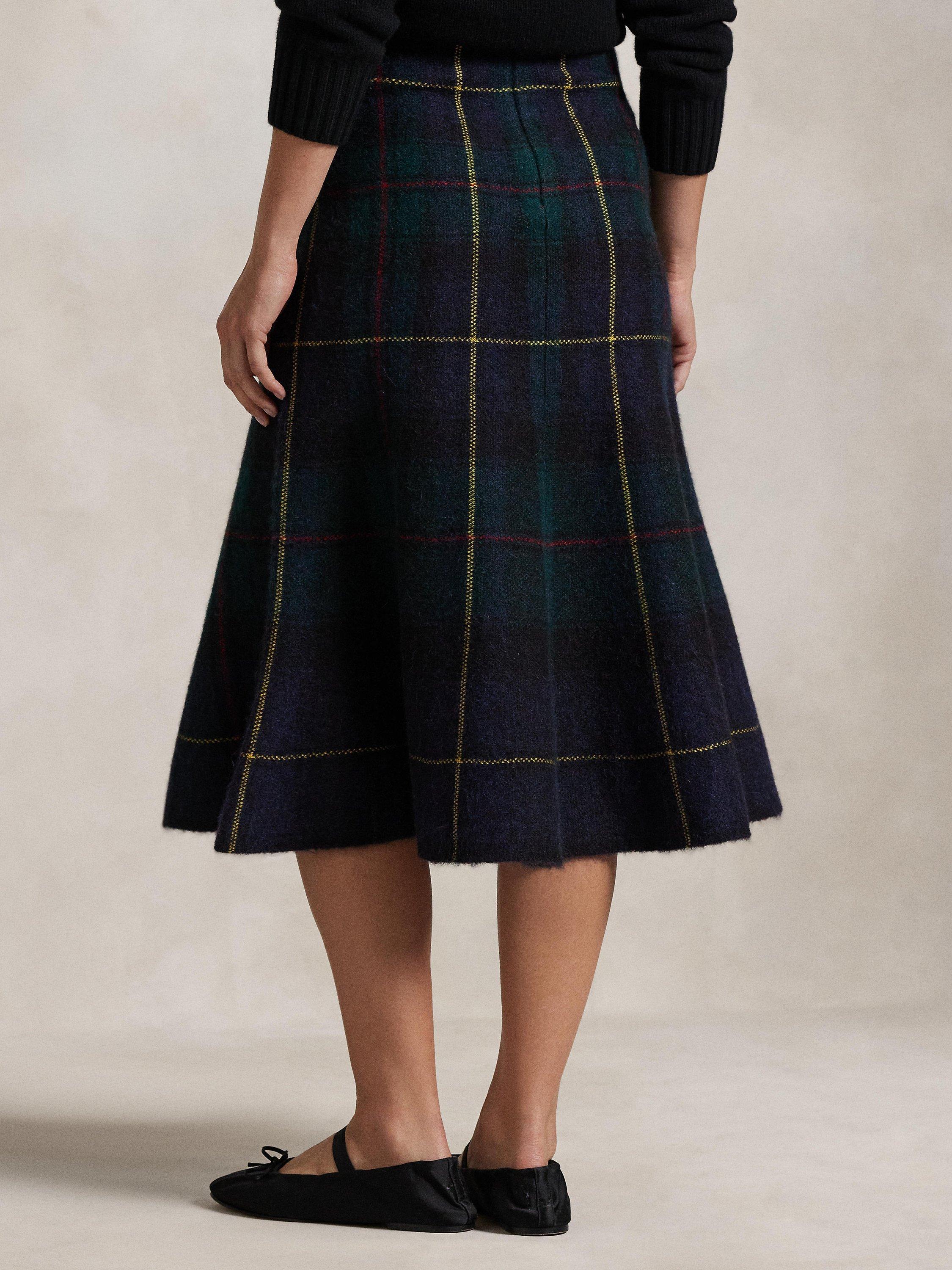 Polo Ralph Lauren Wool Alpaca Blend Falred Tartan Midi Skirt Navy Multi