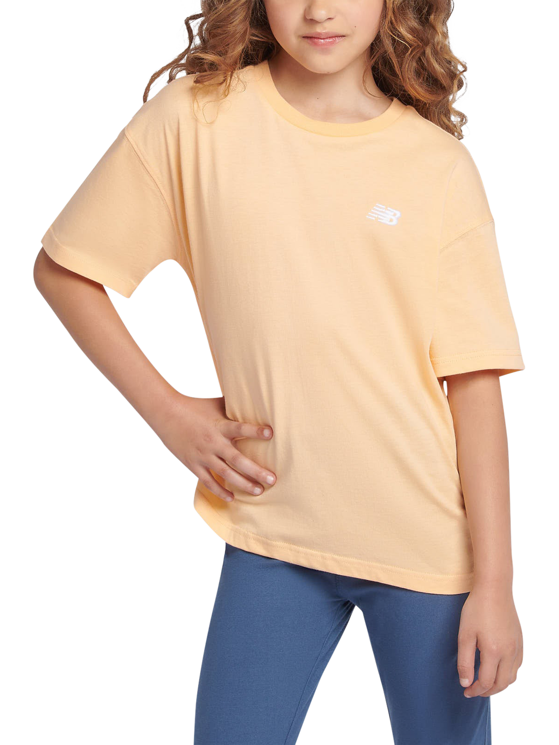 Product image 1 of 8, which shows New Balance Kids' Cotton Logo T-Shirt, Peach Blossom, 7-8 years