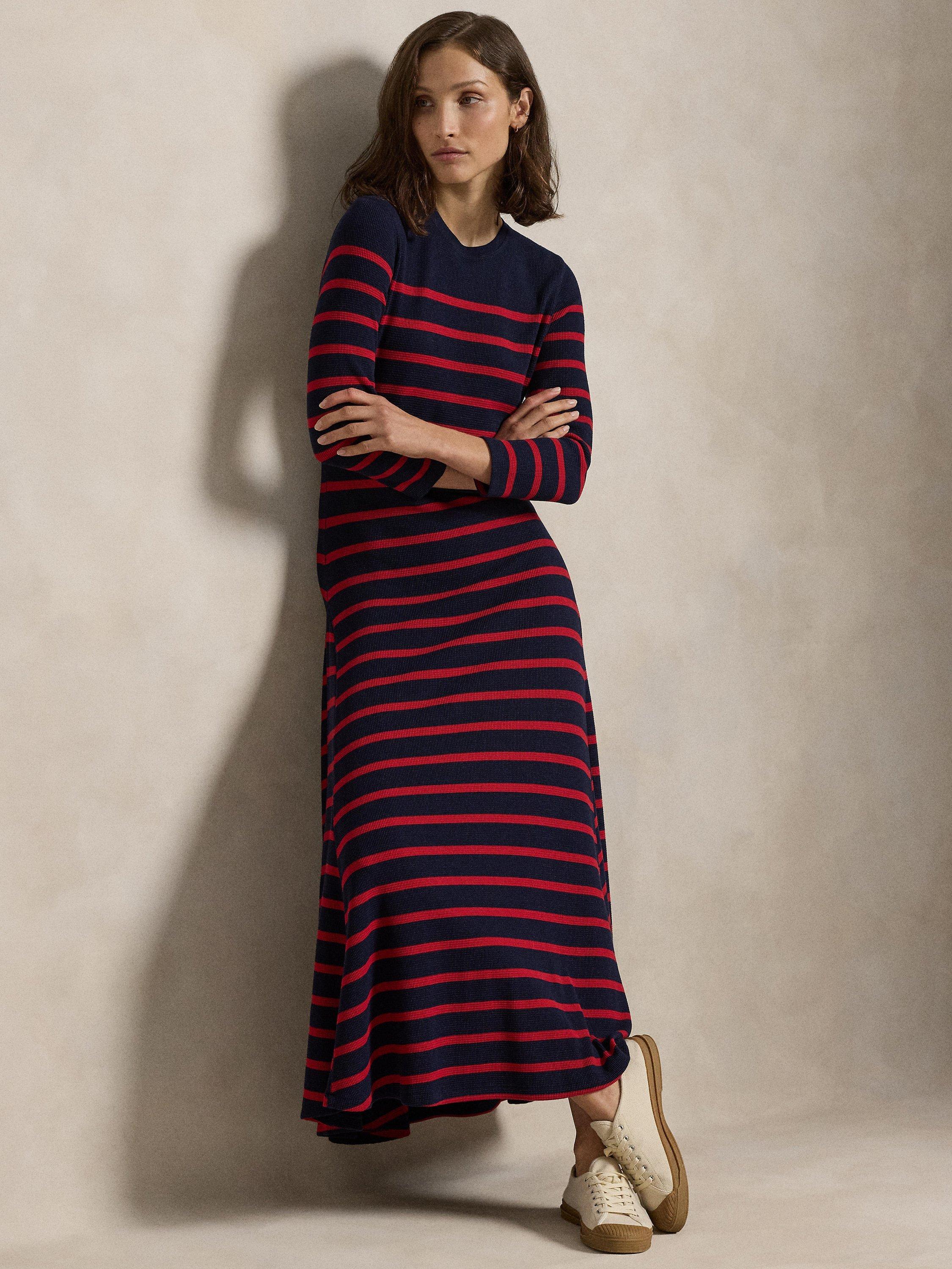 Product image 4 of 5, which shows Polo Ralph Lauren Striped Cotton Blend Maxi Dress, Navy/Red, XS