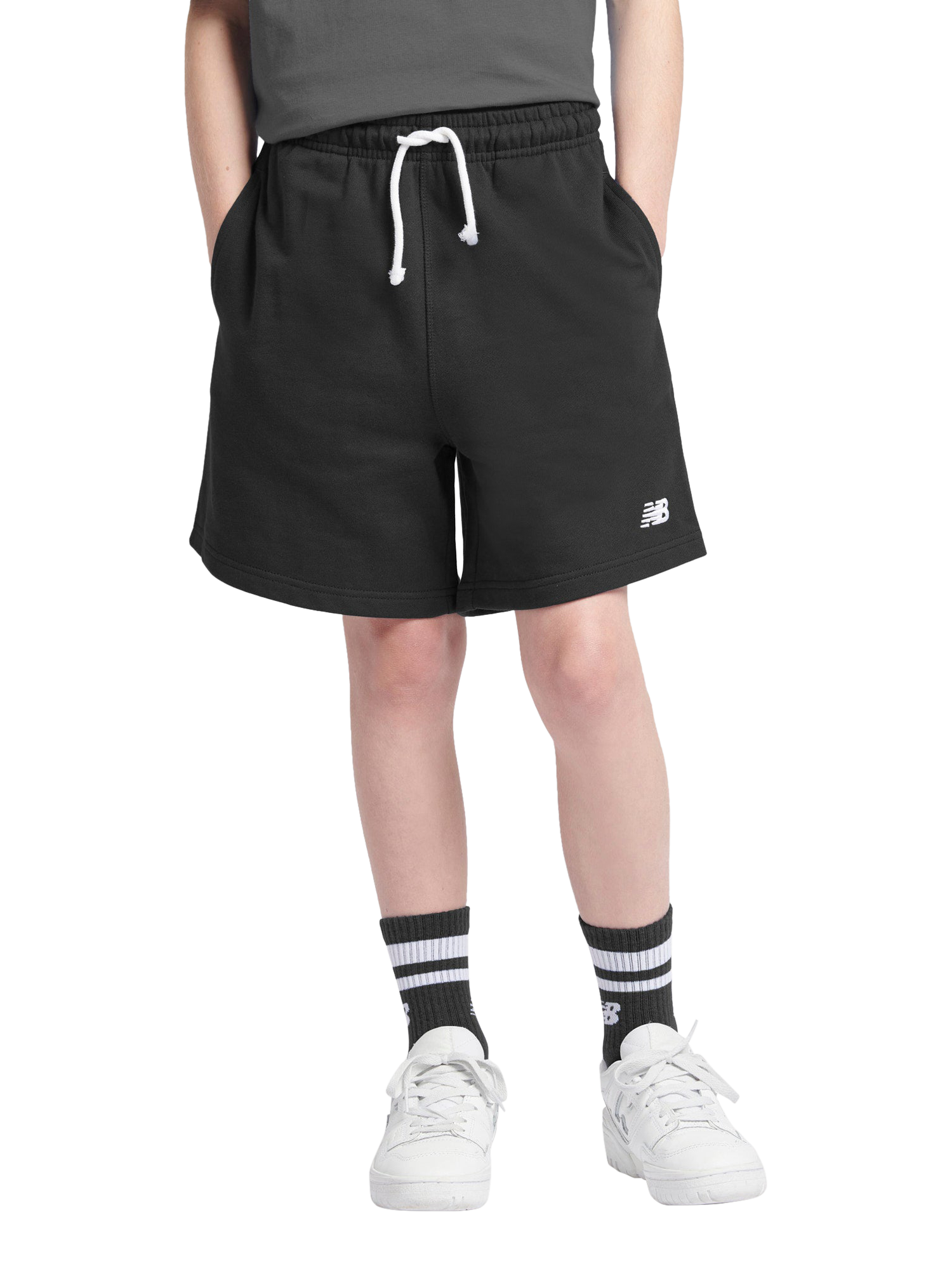 Product image 1 of 7, which shows New Balance Kids' French Terry Small Logo Shorts, Caviar, 7-8 years