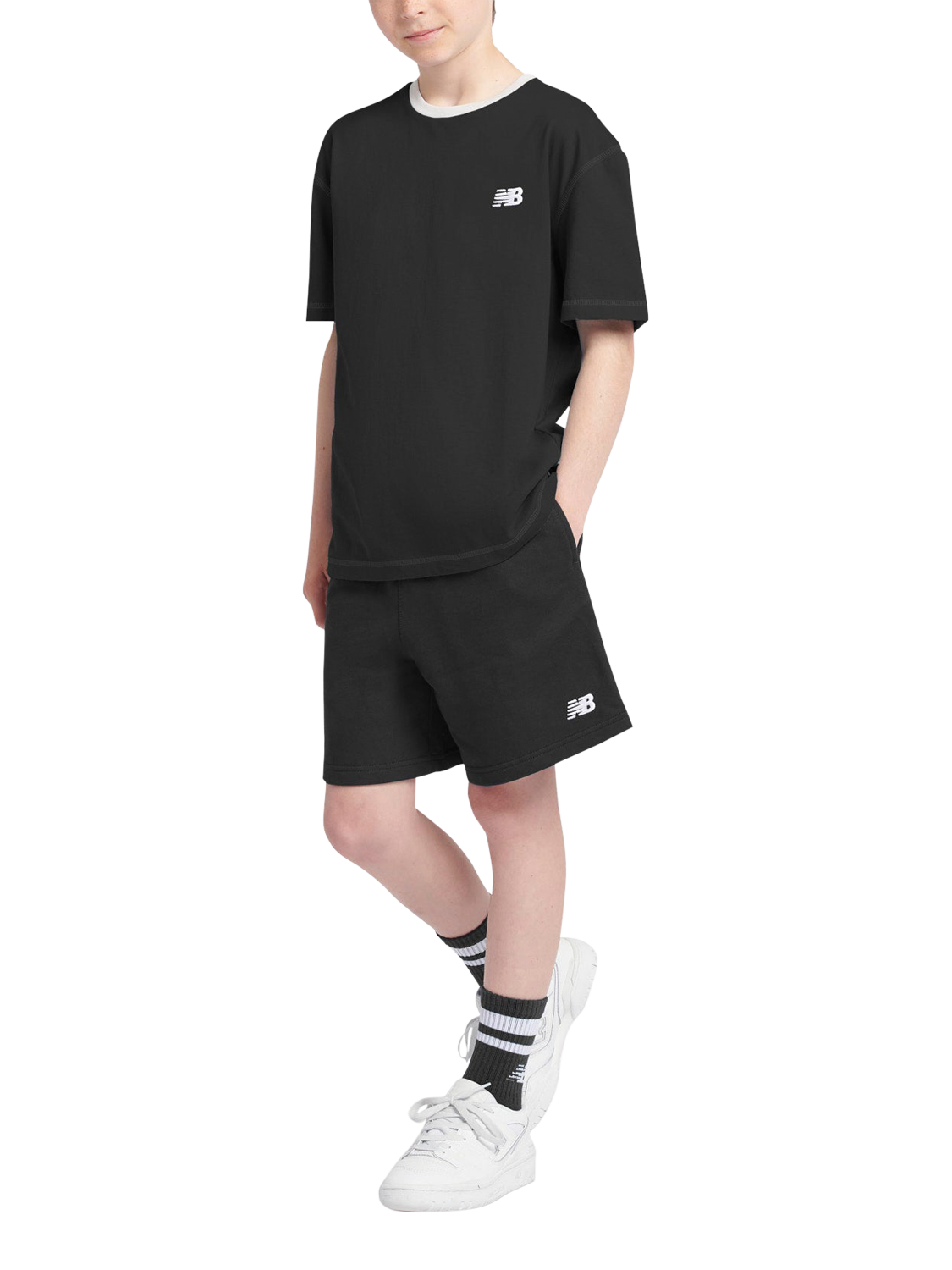 Product image 4 of 7, which shows New Balance Kids' French Terry Small Logo Shorts, Caviar, 7-8 years