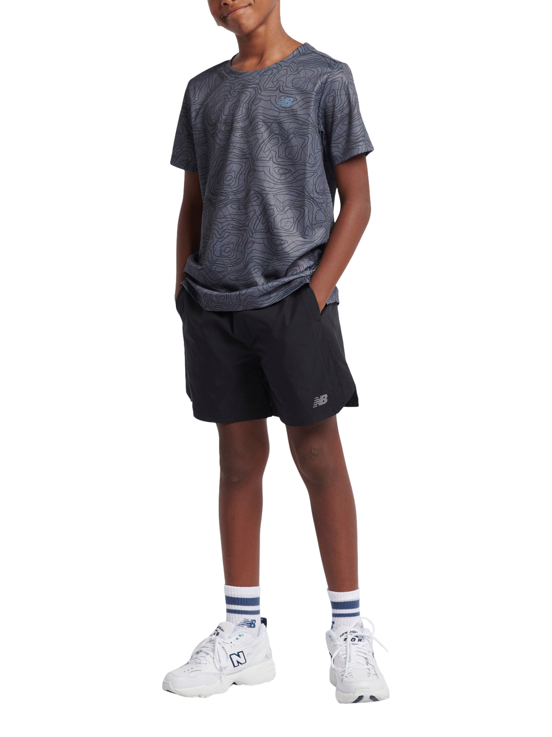 Product image 4 of 5, which shows New Balance Kids' Athletic Shorts, Caviar, 7-8 years
