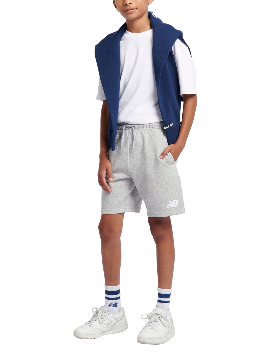 Product image 5 of 8, which shows New Balance Kids' Stacked Logo Shorts, Athletic Grey Heather, 3-4 years
