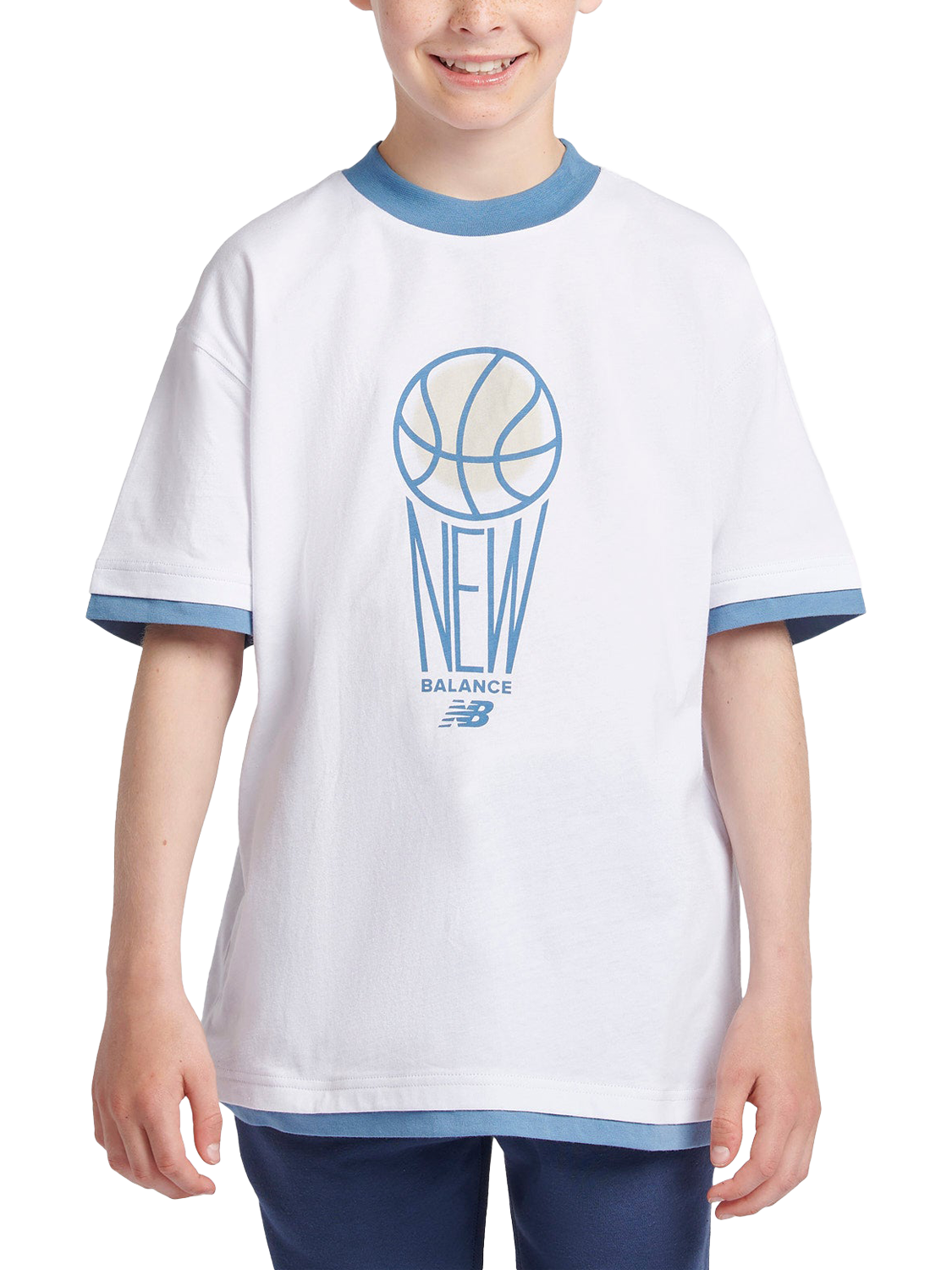 Product image 1 of 8, which shows New Balance Kids' Hoops Graphic T-Shirt, Bright White, 7-8 years
