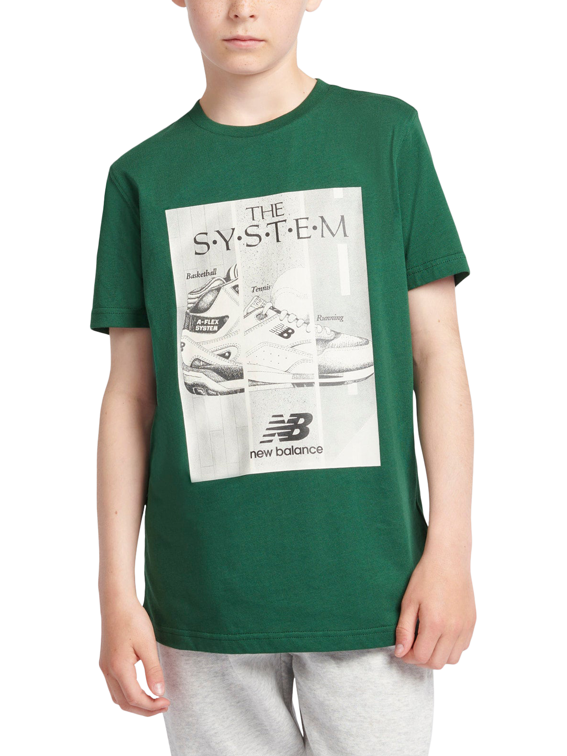 Product image 1 of 8, which shows New Balance Kids' System Graphic T-Shirt, Nightwatch Green, 7-8 years