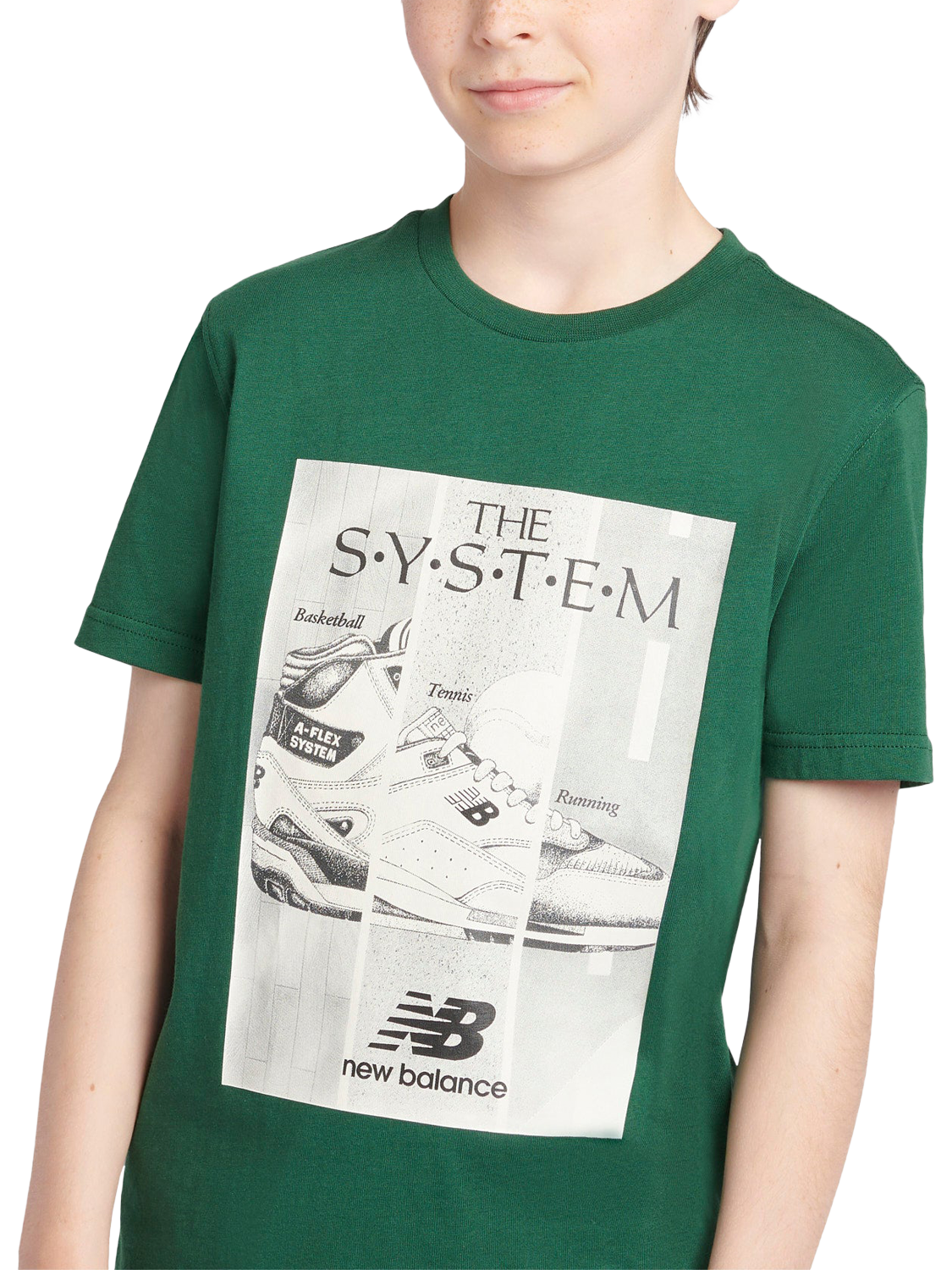 Product image 4 of 8, which shows New Balance Kids' System Graphic T-Shirt, Nightwatch Green, 7-8 years