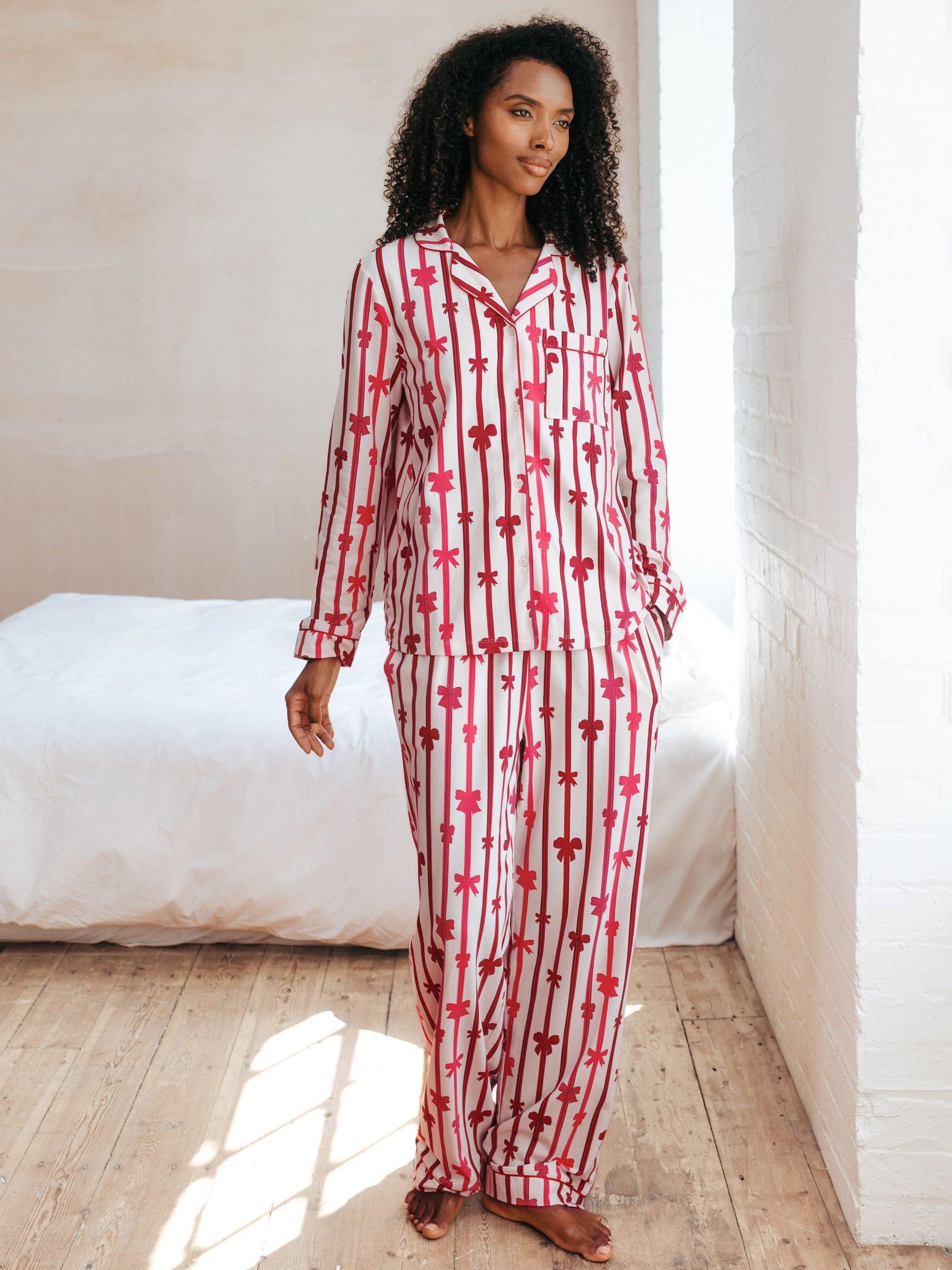 Chelsea Peers Christmas Ribbon Organic Cotton Rich Pyjama Set, White/Multi
