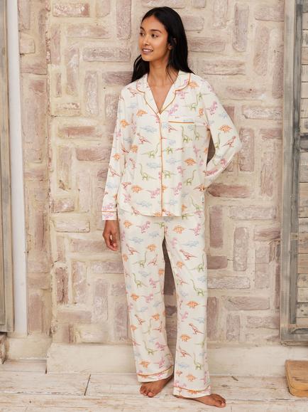 Chelsea Peers Plus Size Dinosaur Pyjama Set, Off White/Multi, Off White/Multi