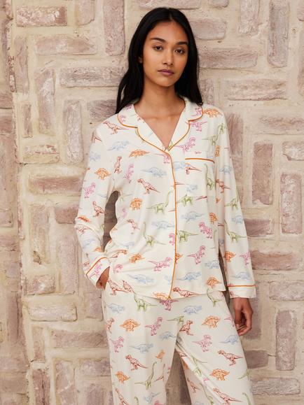 Chelsea Peers Plus Size Dinosaur Pyjama Set, Off White/Multi - view 2, Off White/Multi