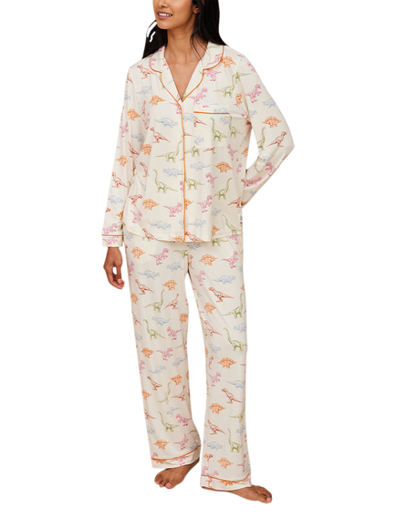Chelsea Peers Dinosaur Long Pyjama Set, Off White, Off White