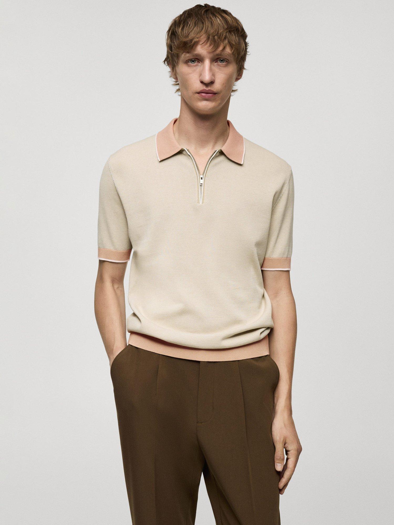 Mango Monti Zip Neck Polo Shirt, Light Beige