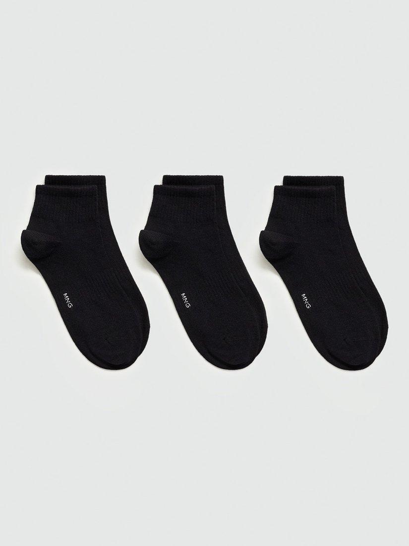 Mango Tobi Cotton Ribbed Ankle Socks, Pack of 3, Black