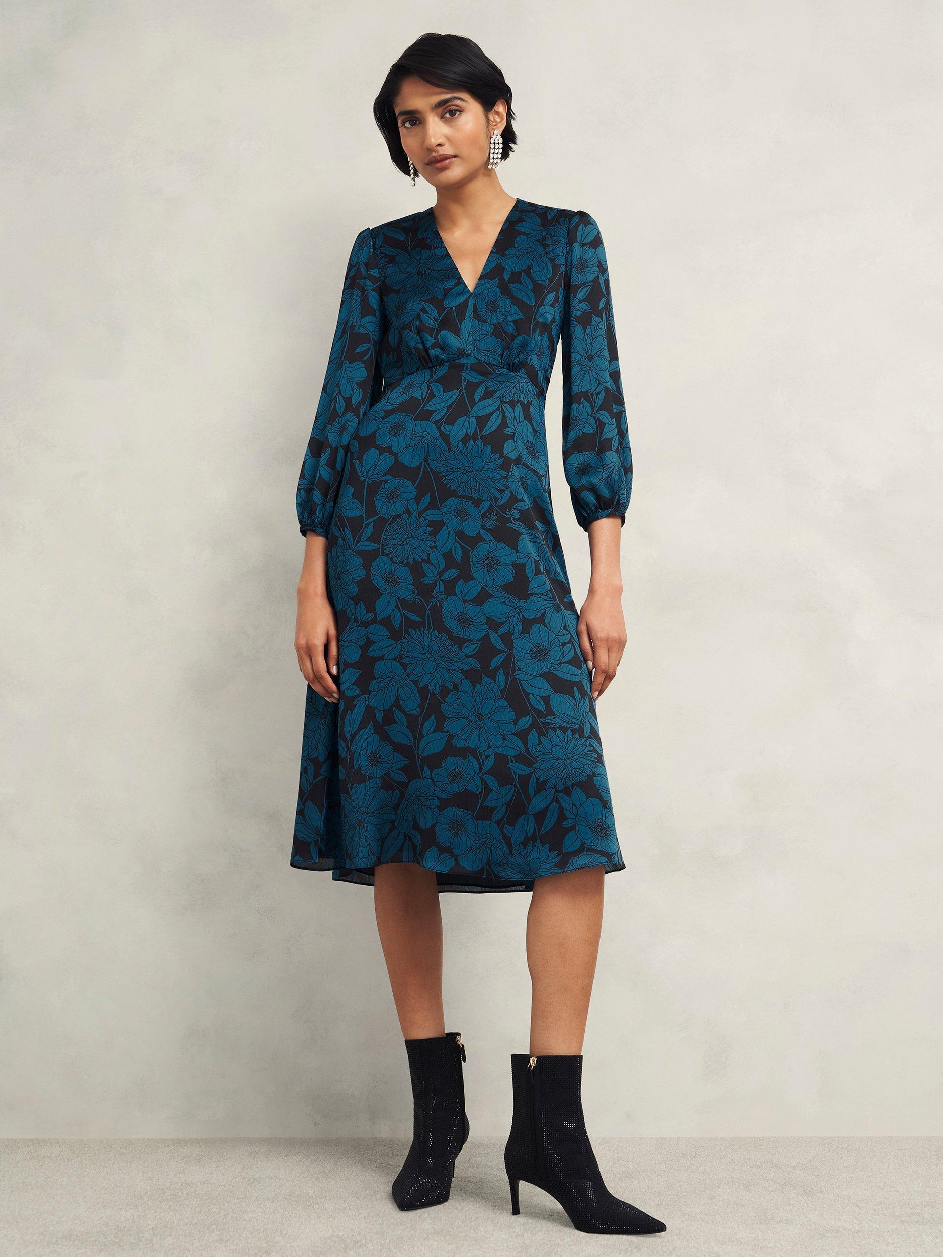 Product image 1 of 7, which shows Hobbs Romina Floral Dress, Black/Kyanite, 10