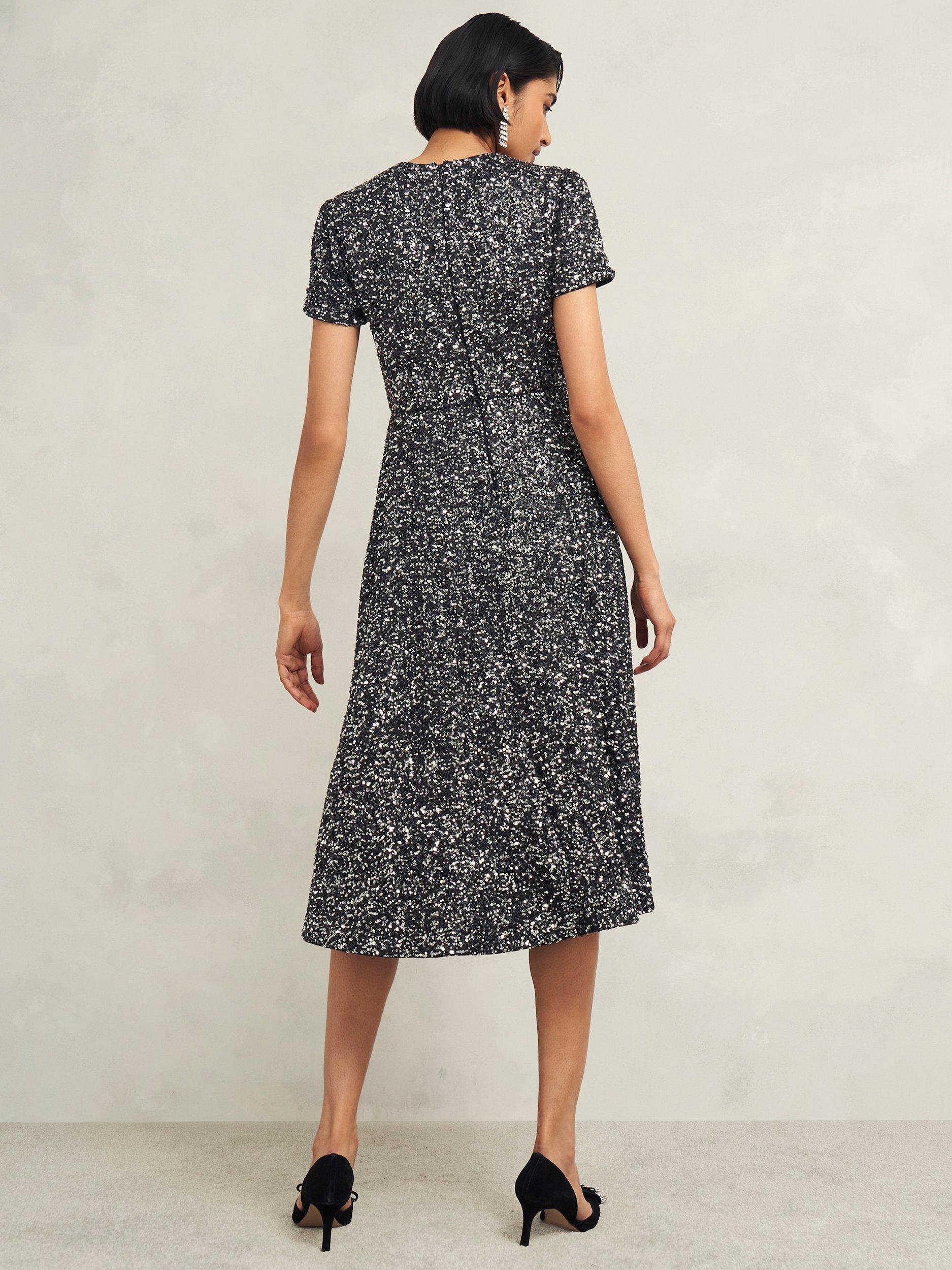Product image 2 of 5, which shows Hobbs Tatiana Sequin Dress, Black/Silver, 10