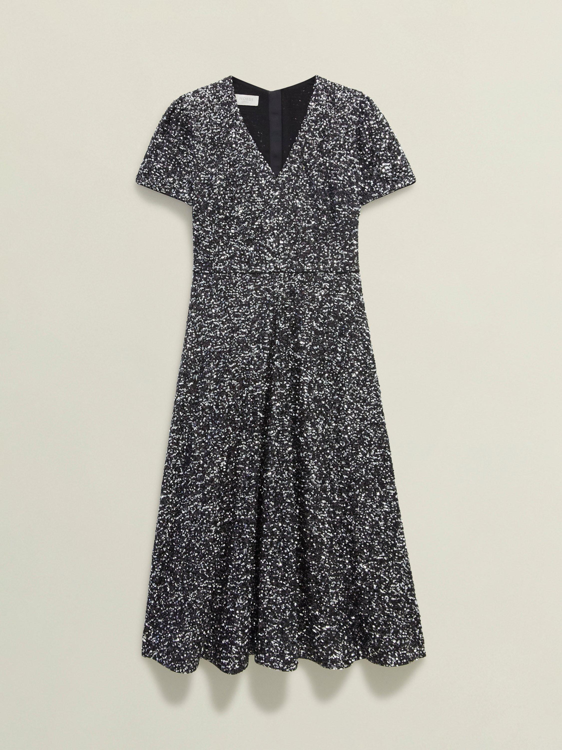 Product image 3 of 5, which shows Hobbs Tatiana Sequin Dress, Black/Silver, 10
