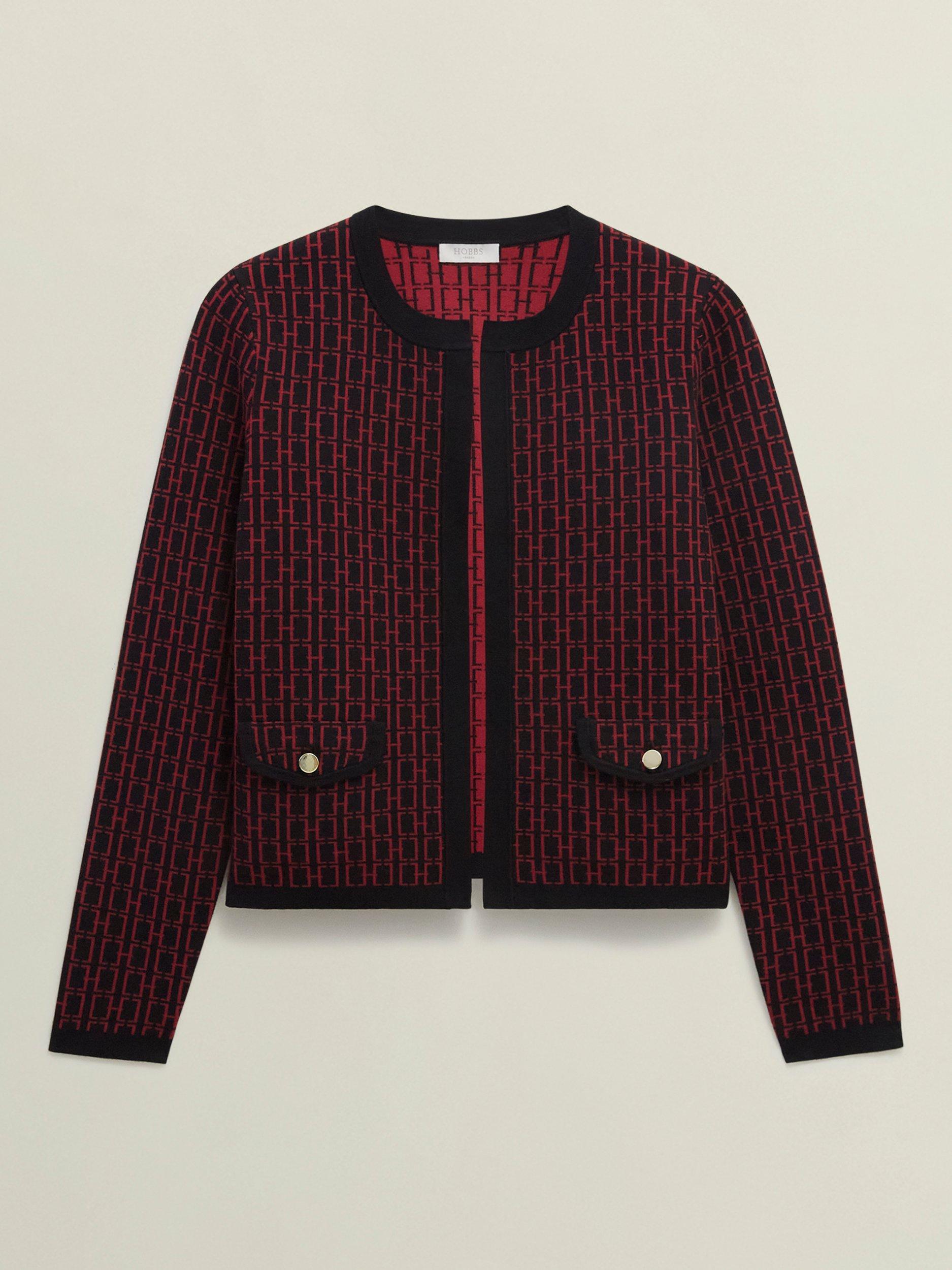 Product image 4 of 7, which shows Hobbs Perrie Knitted Jacket, Black/Rhubarb, XS