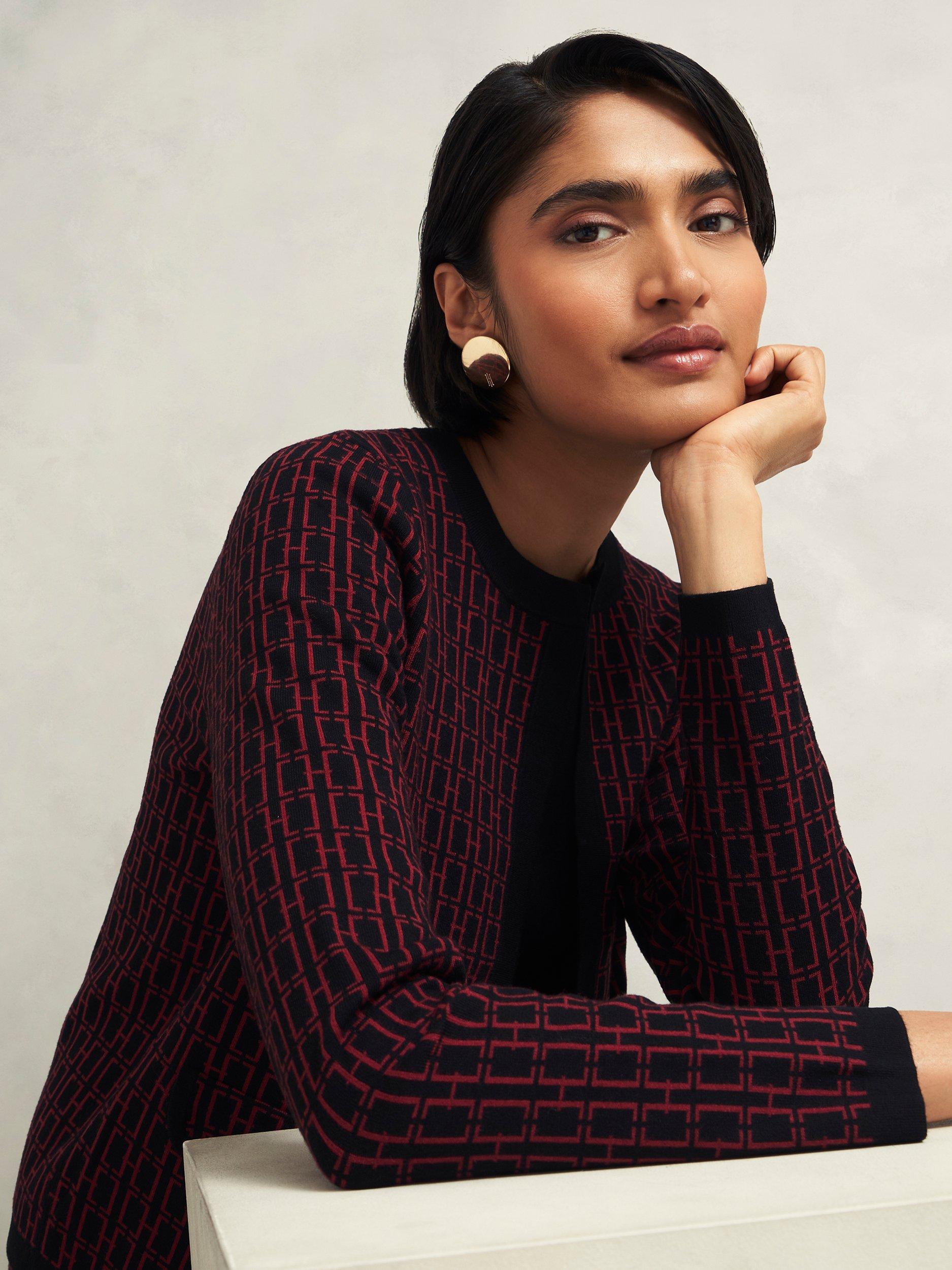 Product image 6 of 7, which shows Hobbs Perrie Knitted Jacket, Black/Rhubarb, XS