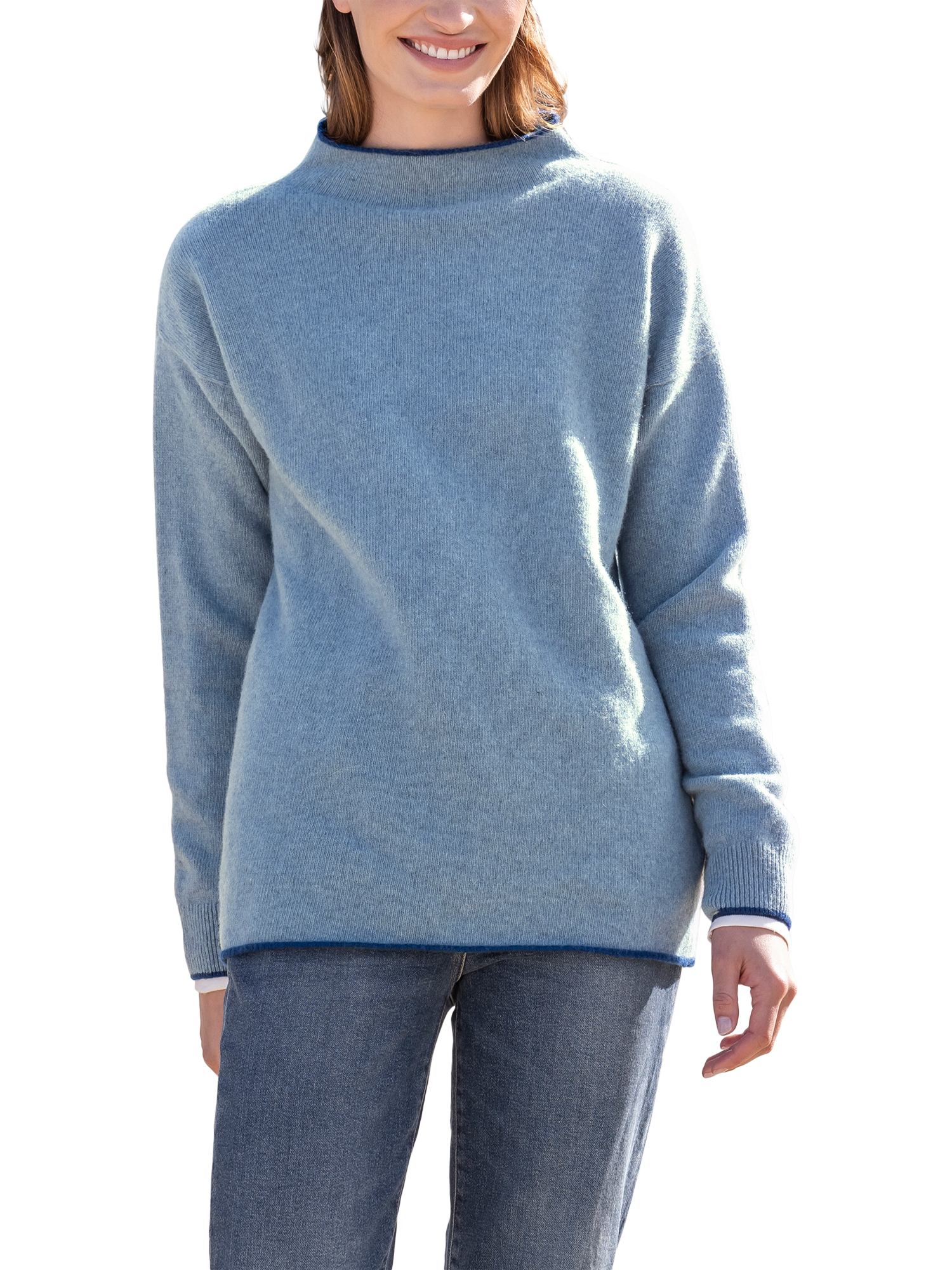 Product image 1 of 7, which shows Celtic & Co. Felted Funnel Neck Wool Jumper, Vintage Blue/Ink, XS