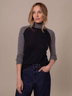 Celtic & Co. Colour Block Roll Neck Merino Wool Jumper, Navy/Grey, Navy/Grey