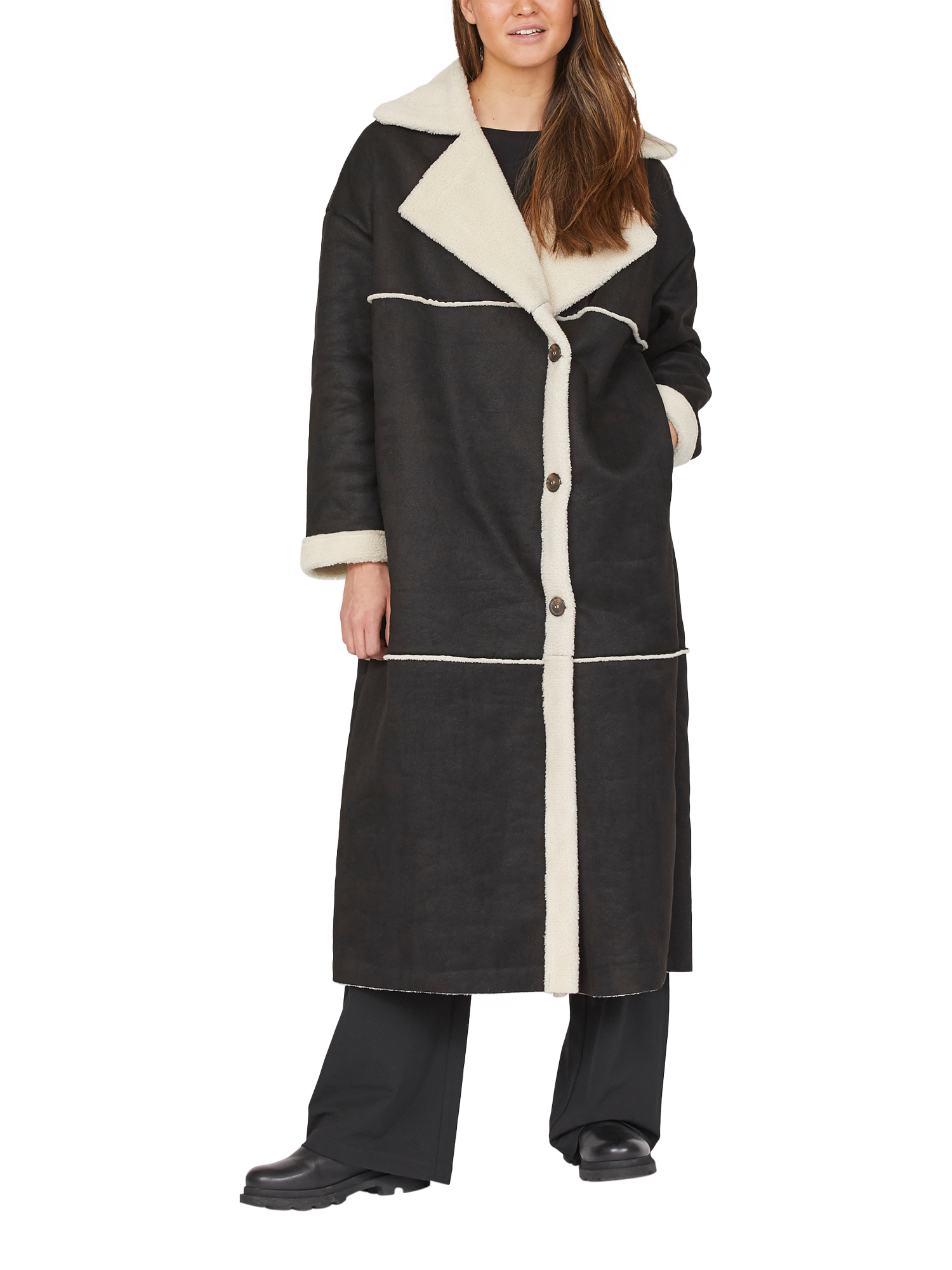 Product image 1 of 3, which shows Sisters Point Dayla Long Teddy Coat, Black/Bamboo, S