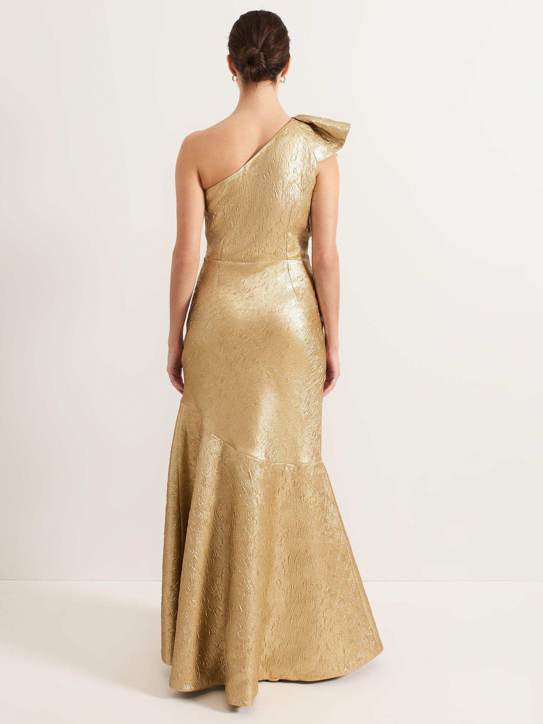 Product image 2 of 8, which shows Phase Eight Deniz One Shoulder Jacquard Maxi Dress, Gold, 16
