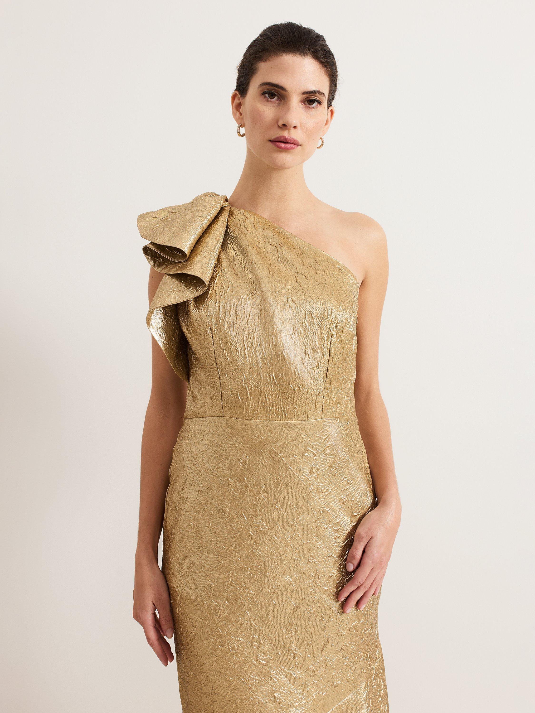 Product image 3 of 8, which shows Phase Eight Deniz One Shoulder Jacquard Maxi Dress, Gold, 16