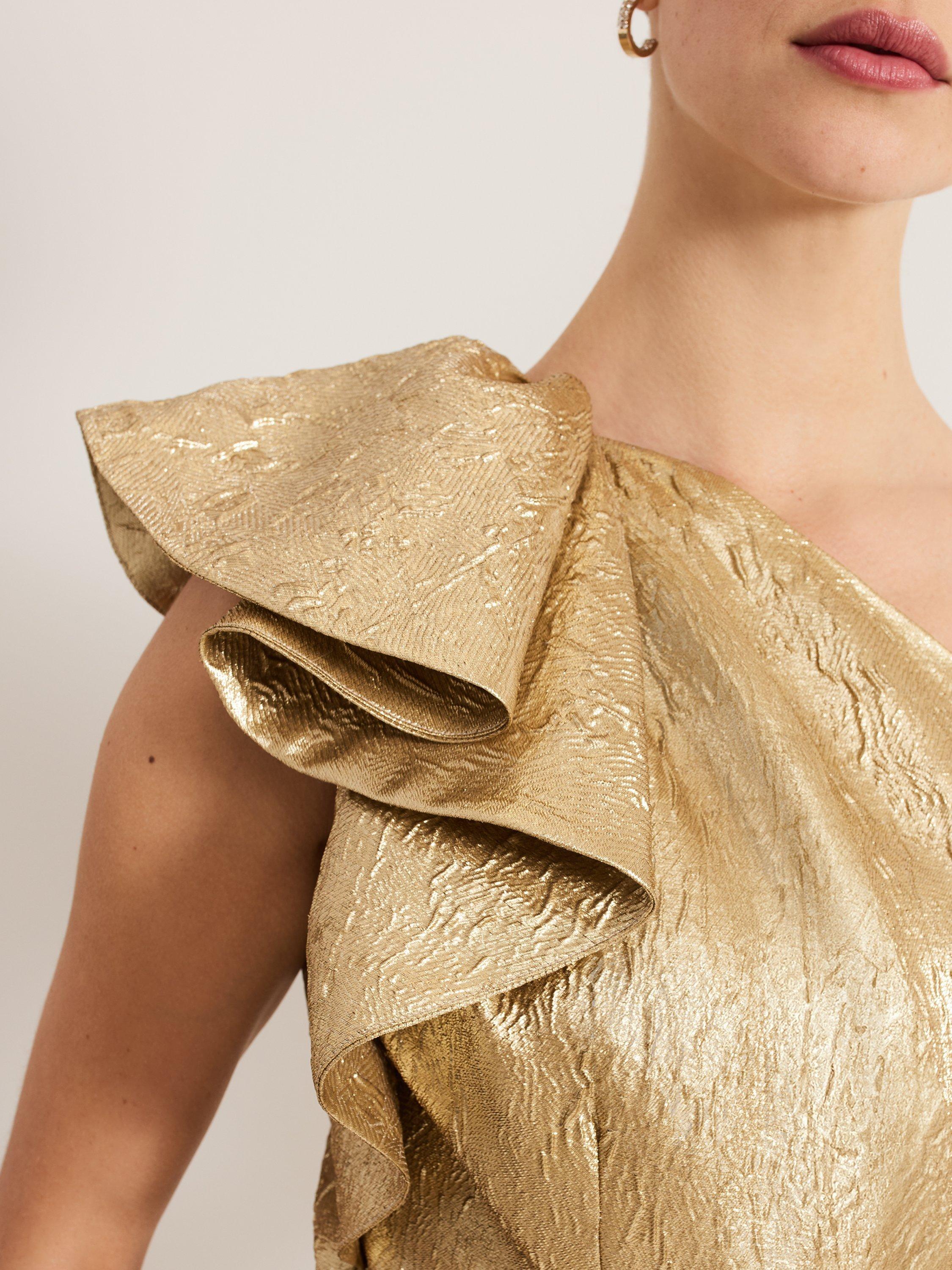 Product image 4 of 8, which shows Phase Eight Deniz One Shoulder Jacquard Maxi Dress, Gold, 16