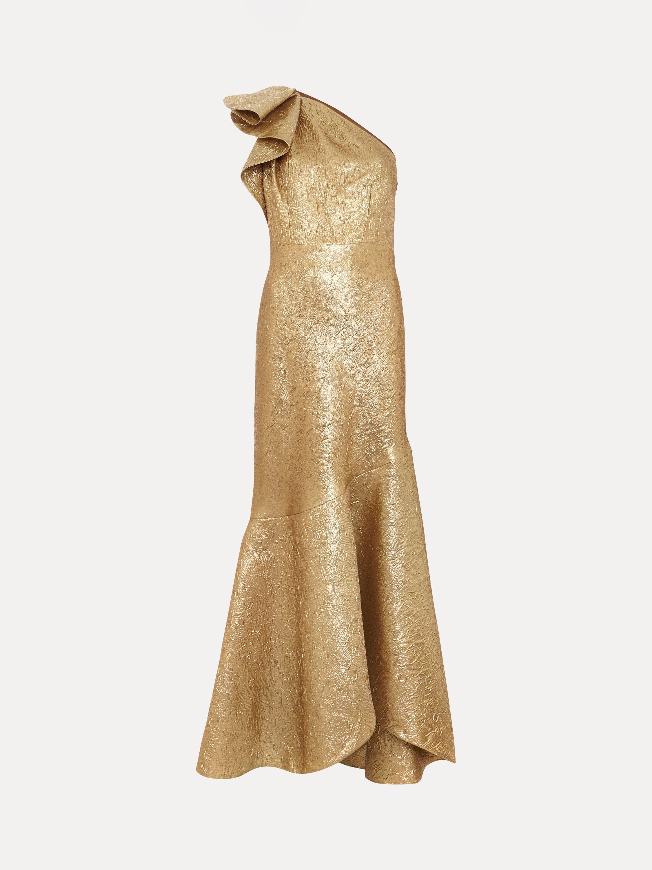 Product image 5 of 8, which shows Phase Eight Deniz One Shoulder Jacquard Maxi Dress, Gold, 16