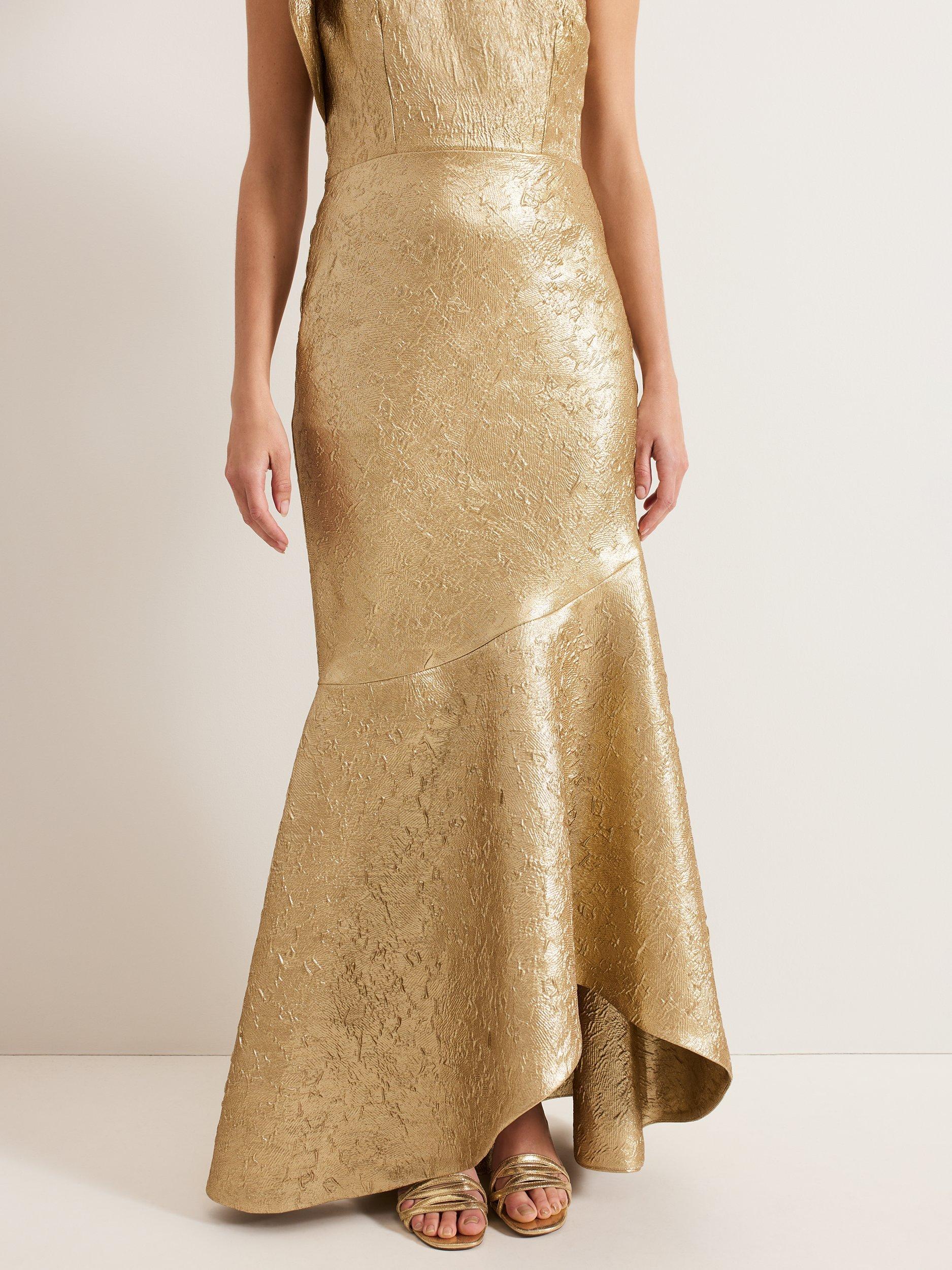 Product image 7 of 8, which shows Phase Eight Deniz One Shoulder Jacquard Maxi Dress, Gold, 16