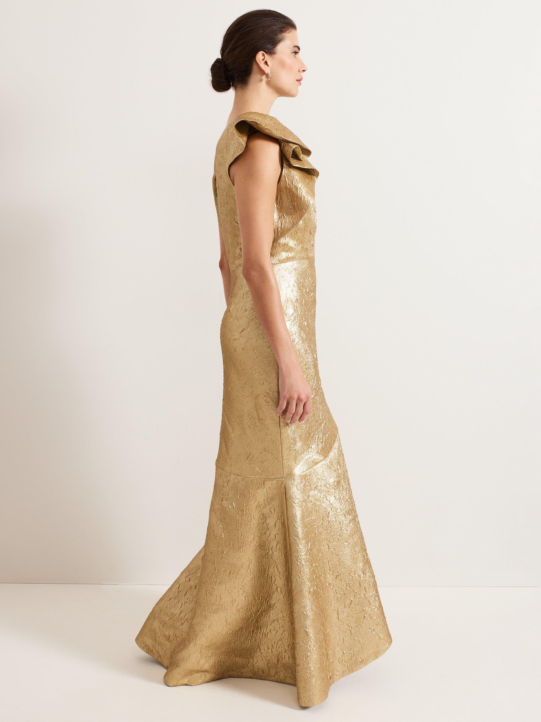 Product image 8 of 8, which shows Phase Eight Deniz One Shoulder Jacquard Maxi Dress, Gold, 16