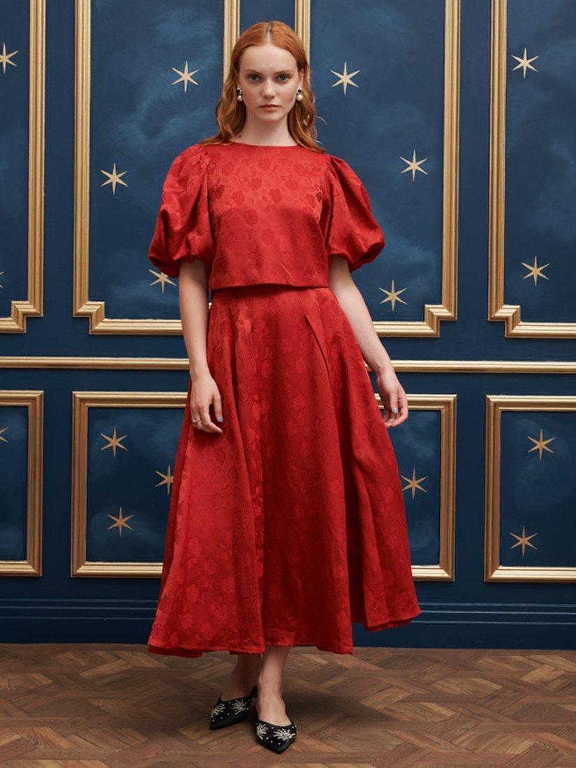 Product image 2 of 6, which shows Sister Jane Charm Floral Jacquard Midi Skirt, Red, 12
