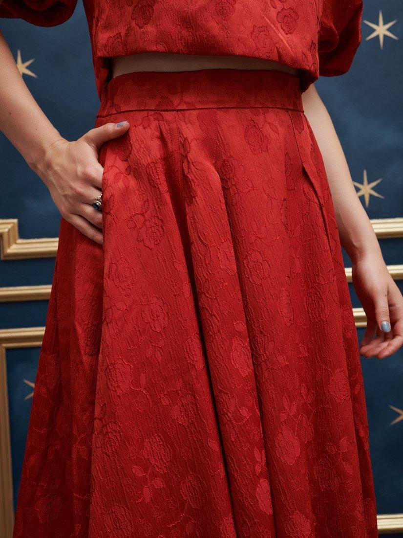 Product image 5 of 6, which shows Sister Jane Charm Floral Jacquard Midi Skirt, Red, 12