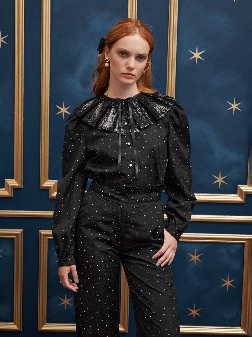 Sister Jane Polka Dot Jacquard Sequin Collar Top, Black