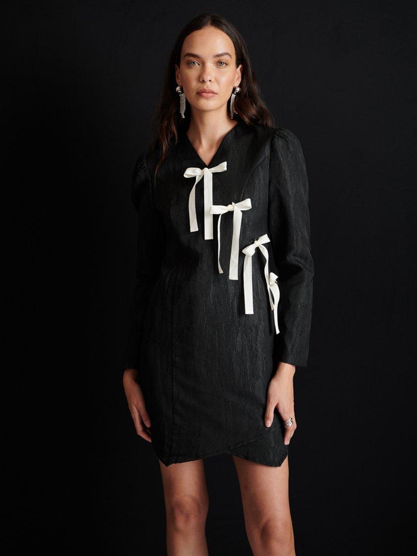 GHOSPELL Dulcie Jacquard Bow Wrap Mini Dress, Black