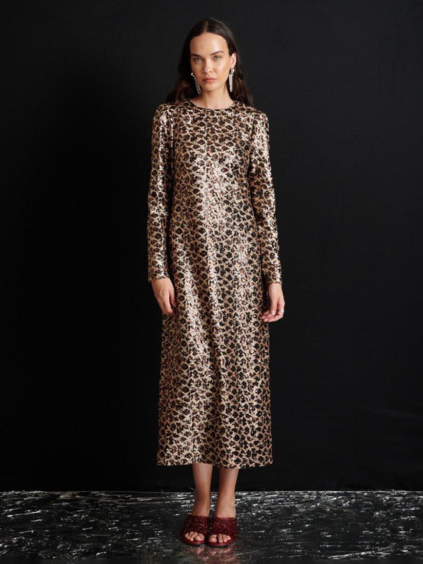 Product image 2 of 6, which shows GHOSPELL Yara Sequin Leopard Midi Dress, Brown/Black, 6