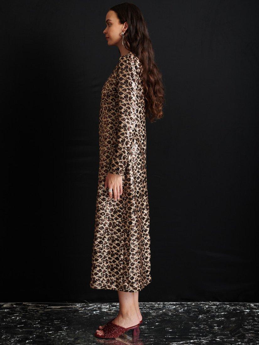 Product image 3 of 6, which shows GHOSPELL Yara Sequin Leopard Midi Dress, Brown/Black, 6