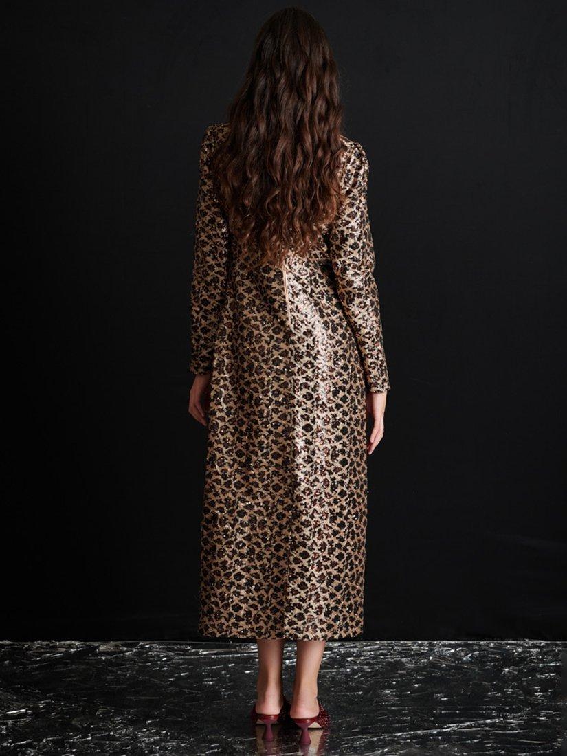 Product image 4 of 6, which shows GHOSPELL Yara Sequin Leopard Midi Dress, Brown/Black, 6