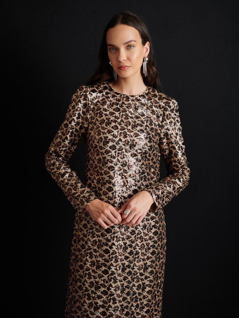 Product image 5 of 6, which shows GHOSPELL Yara Sequin Leopard Midi Dress, Brown/Black, 6