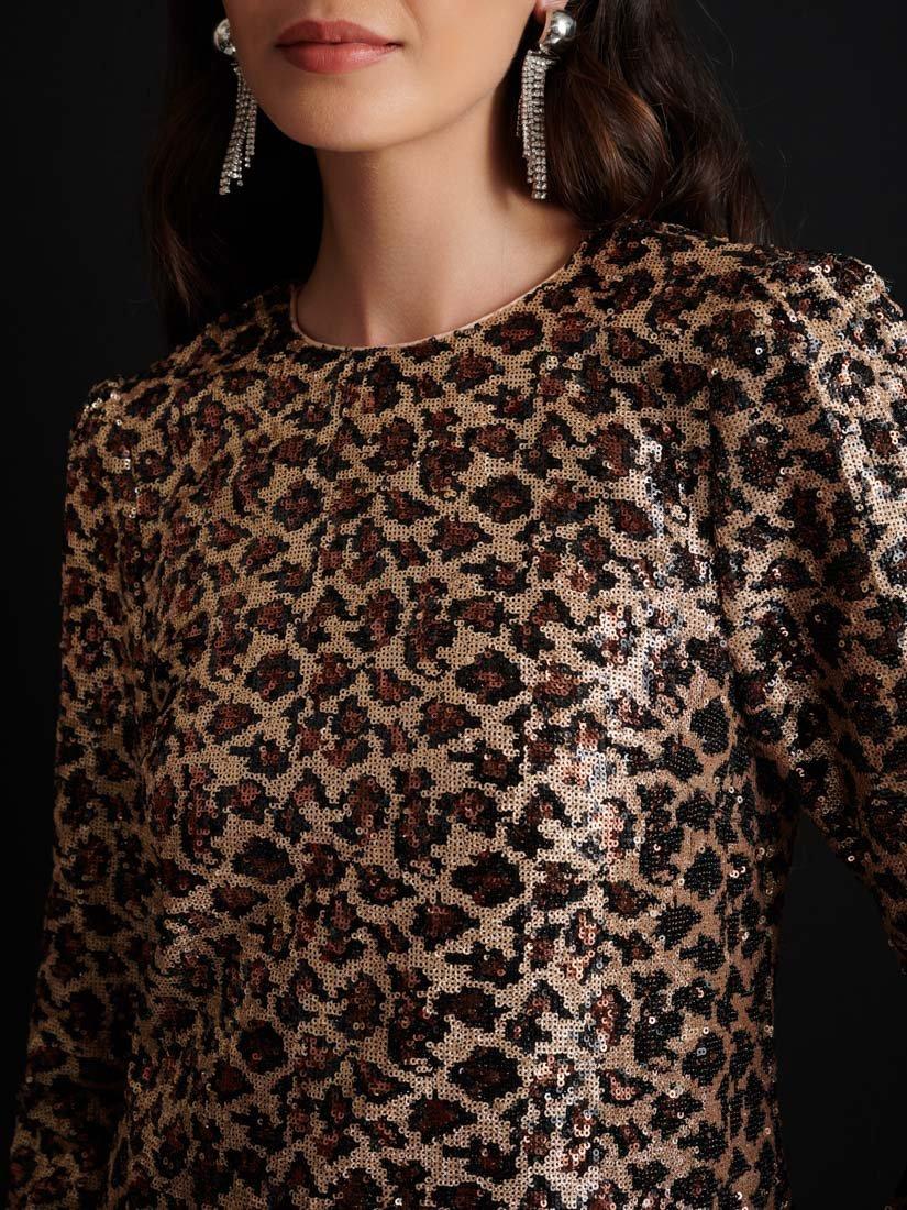 Product image 6 of 6, which shows GHOSPELL Yara Sequin Leopard Midi Dress, Brown/Black, 6