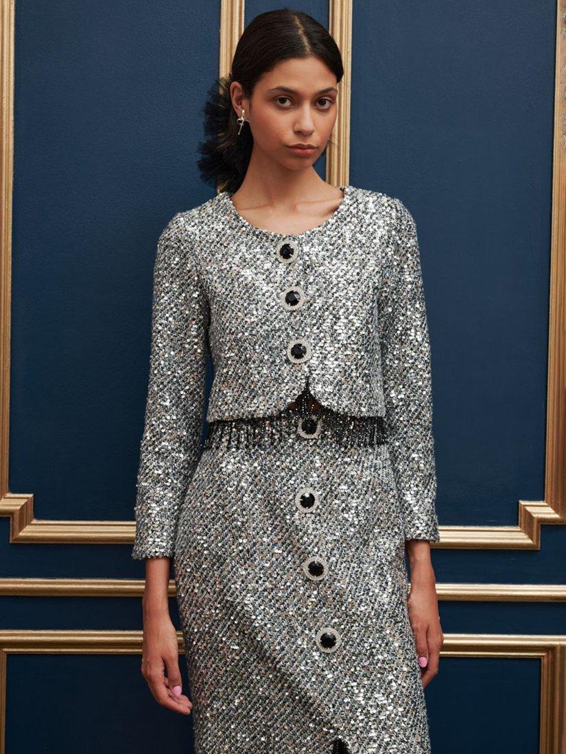 Sister Jane Cropped Sequin Tweed Jacket, Silver