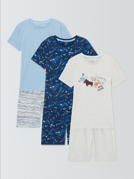 John Lewis Kids' Desert Short Pyjamas Set, Pack of 3, Blue, Blue