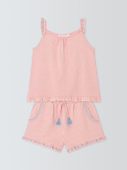 John Lewis Kids' Seersucker Embroidery Pyjama Shorts Set, Pink - view 2, Pink