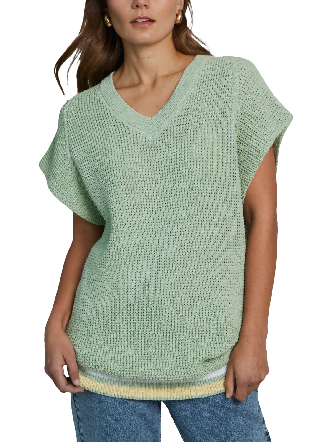 Product image 1 of 6, which shows Hay Life Unisex Knitted Tank Jumper, Light Green, XS