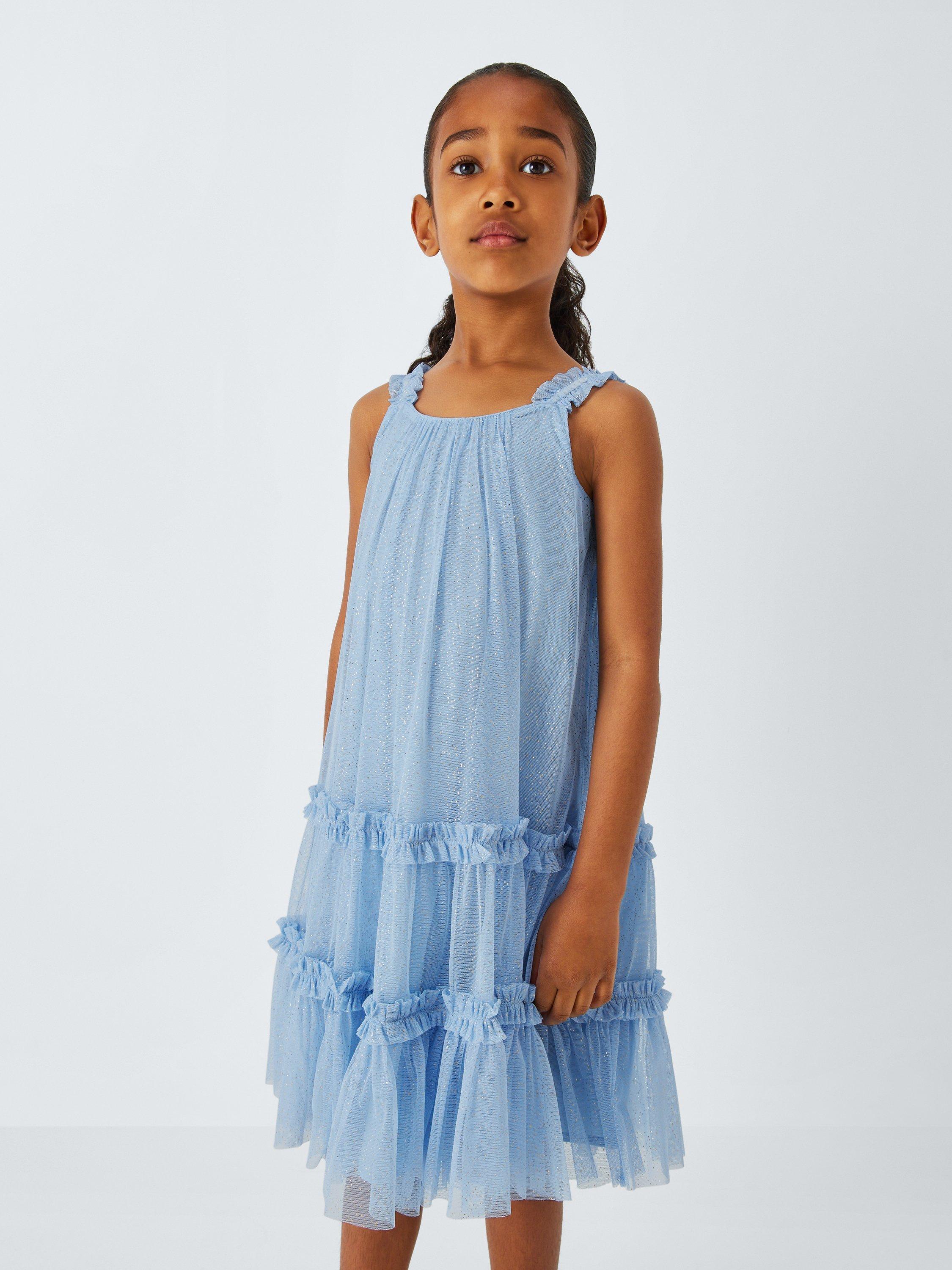 Product image 1 of 7, which shows John Lewis Kids' Mesh Tiered Dress, Blue, 6 years