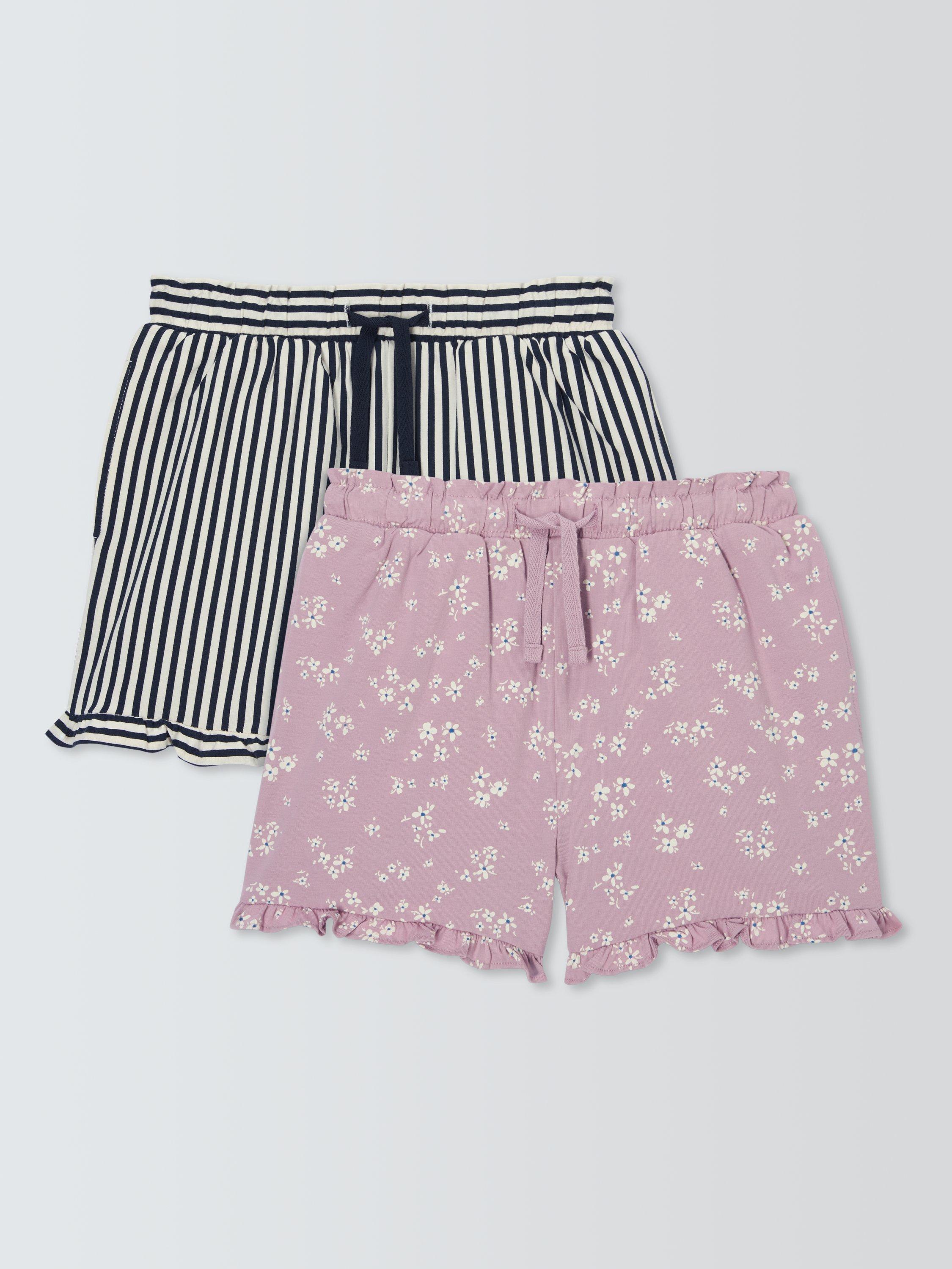 Product image 1 of 6, which shows John Lewis Kids' Stripe/Floral Frill Hem Jersey Shorts, Pack of 2, Pink Navy Mix, 2 years