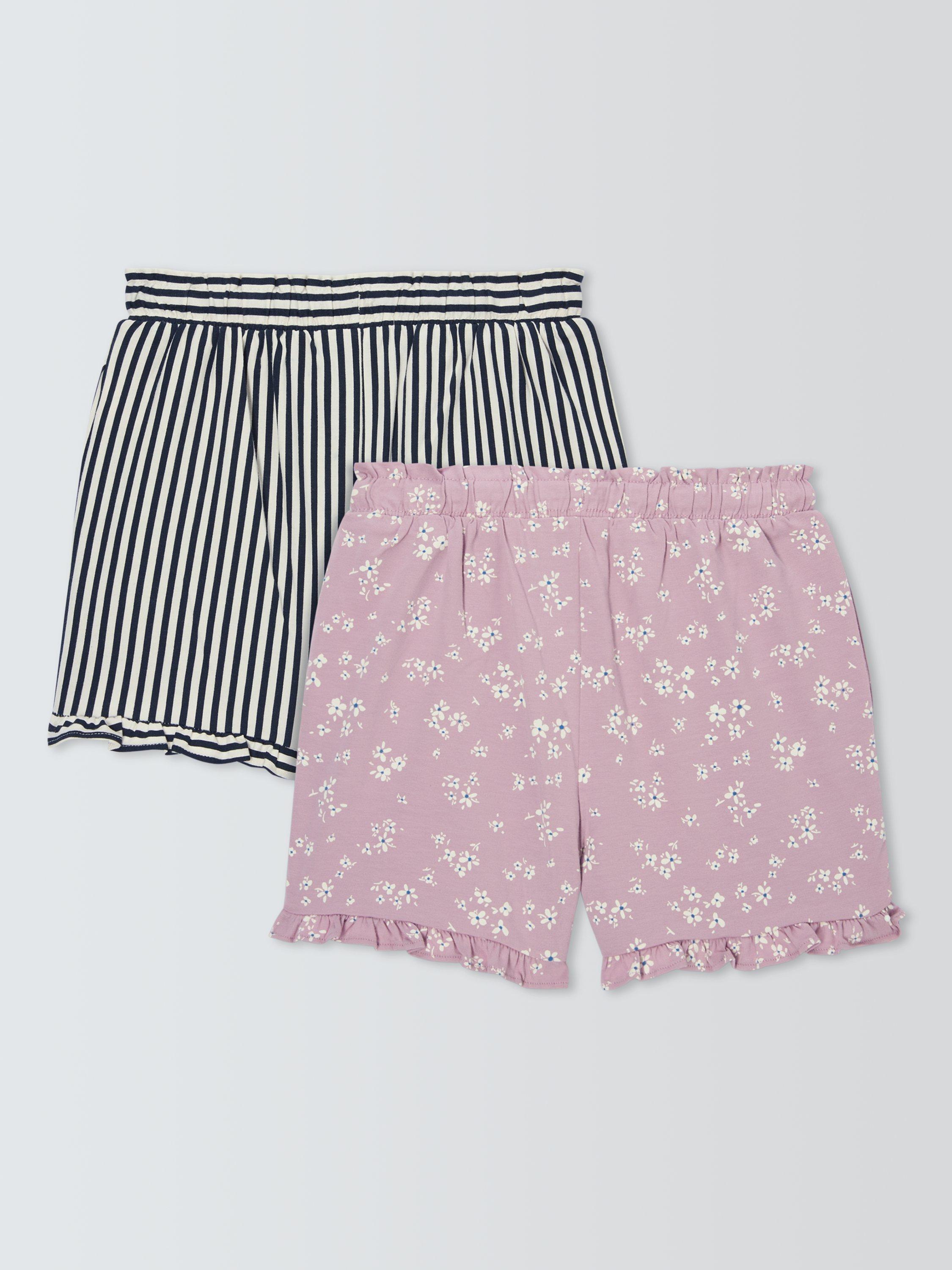 Product image 2 of 6, which shows John Lewis Kids' Stripe/Floral Frill Hem Jersey Shorts, Pack of 2, Pink Navy Mix, 2 years