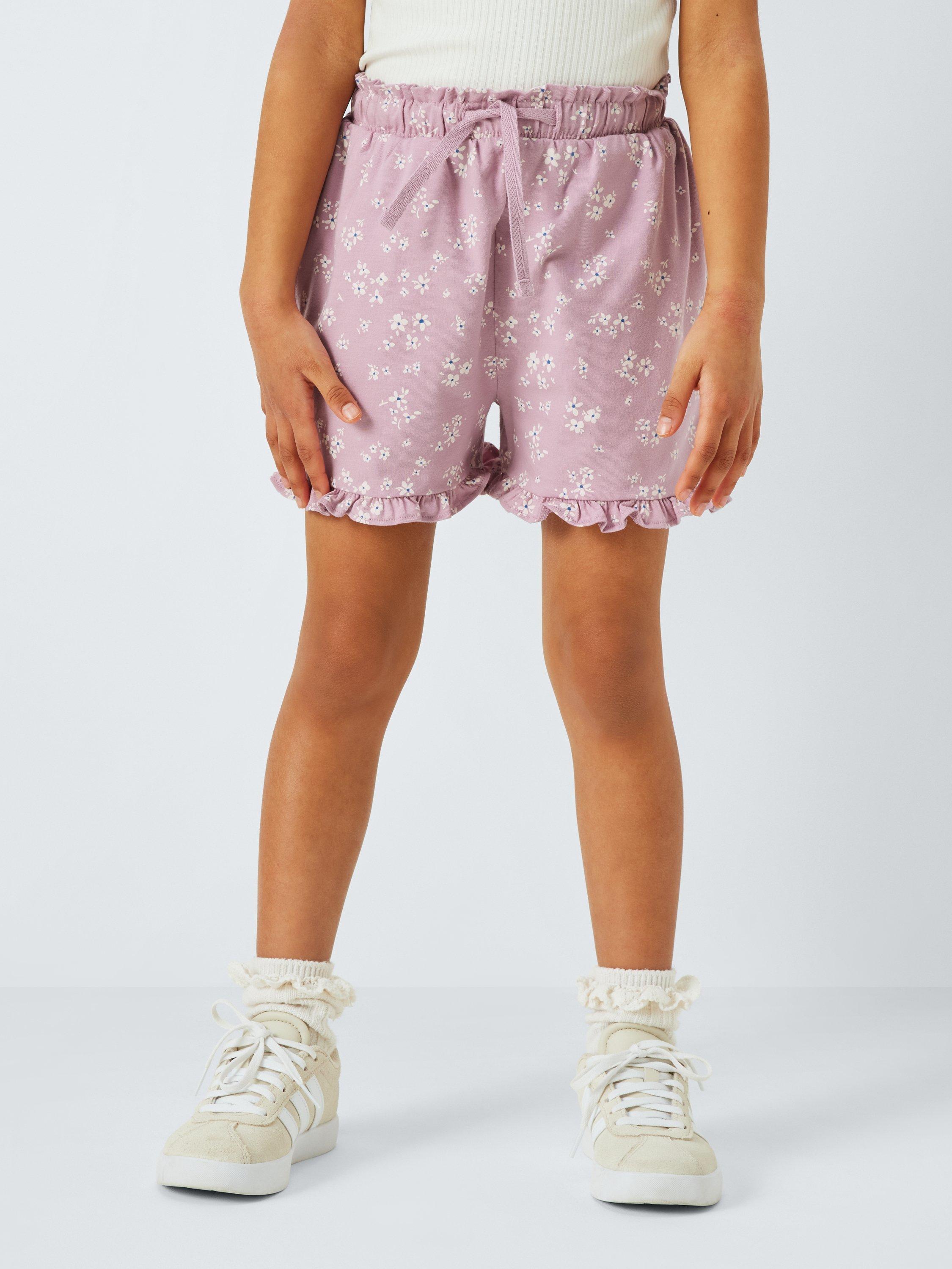 Product image 4 of 6, which shows John Lewis Kids' Stripe/Floral Frill Hem Jersey Shorts, Pack of 2, Pink Navy Mix, 2 years