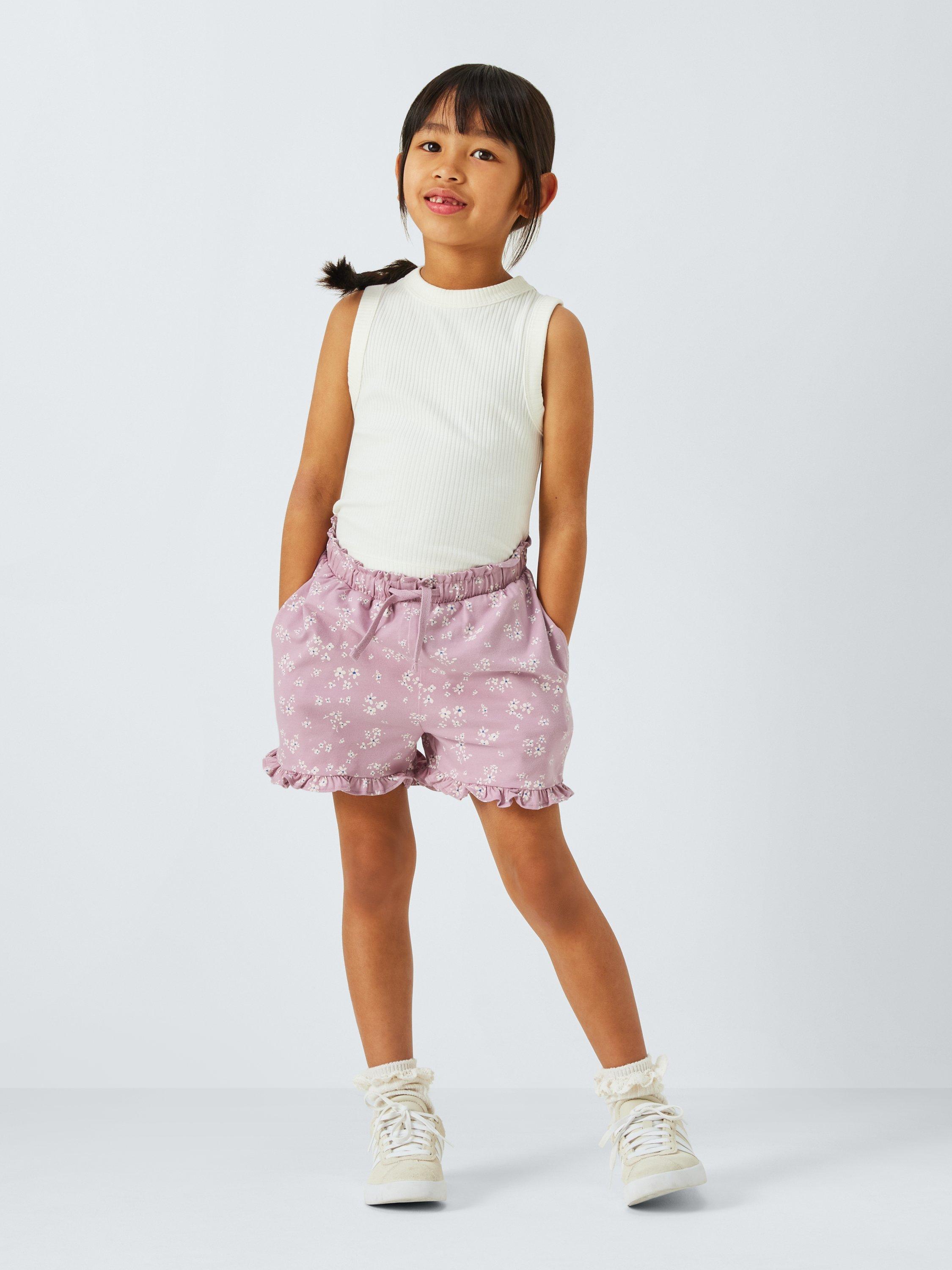 Product image 5 of 6, which shows John Lewis Kids' Stripe/Floral Frill Hem Jersey Shorts, Pack of 2, Pink Navy Mix, 2 years